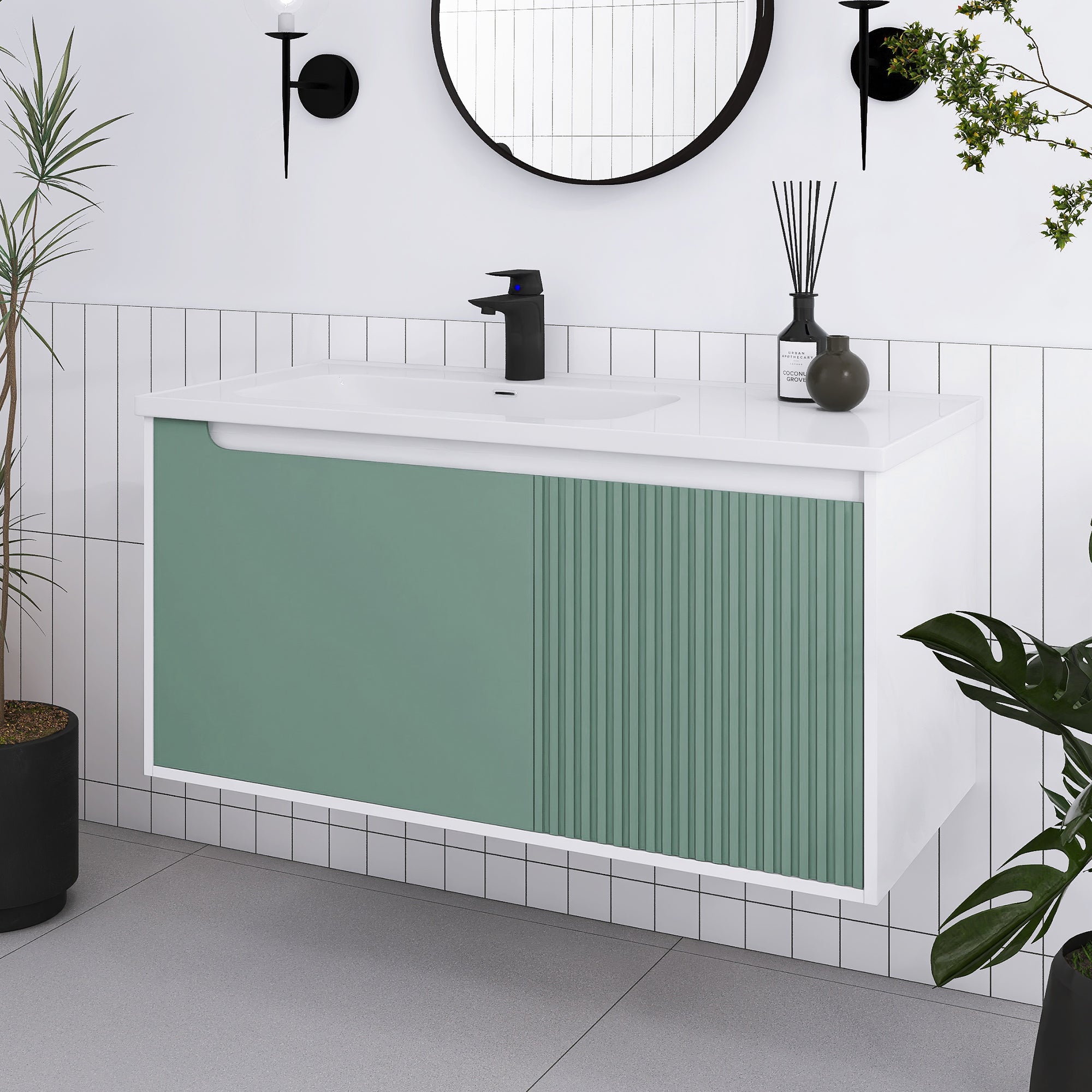 32/36/40 inch Wall Mounted Bathroom Vanity Set in Mint Green with Integrated Ceramic Sink