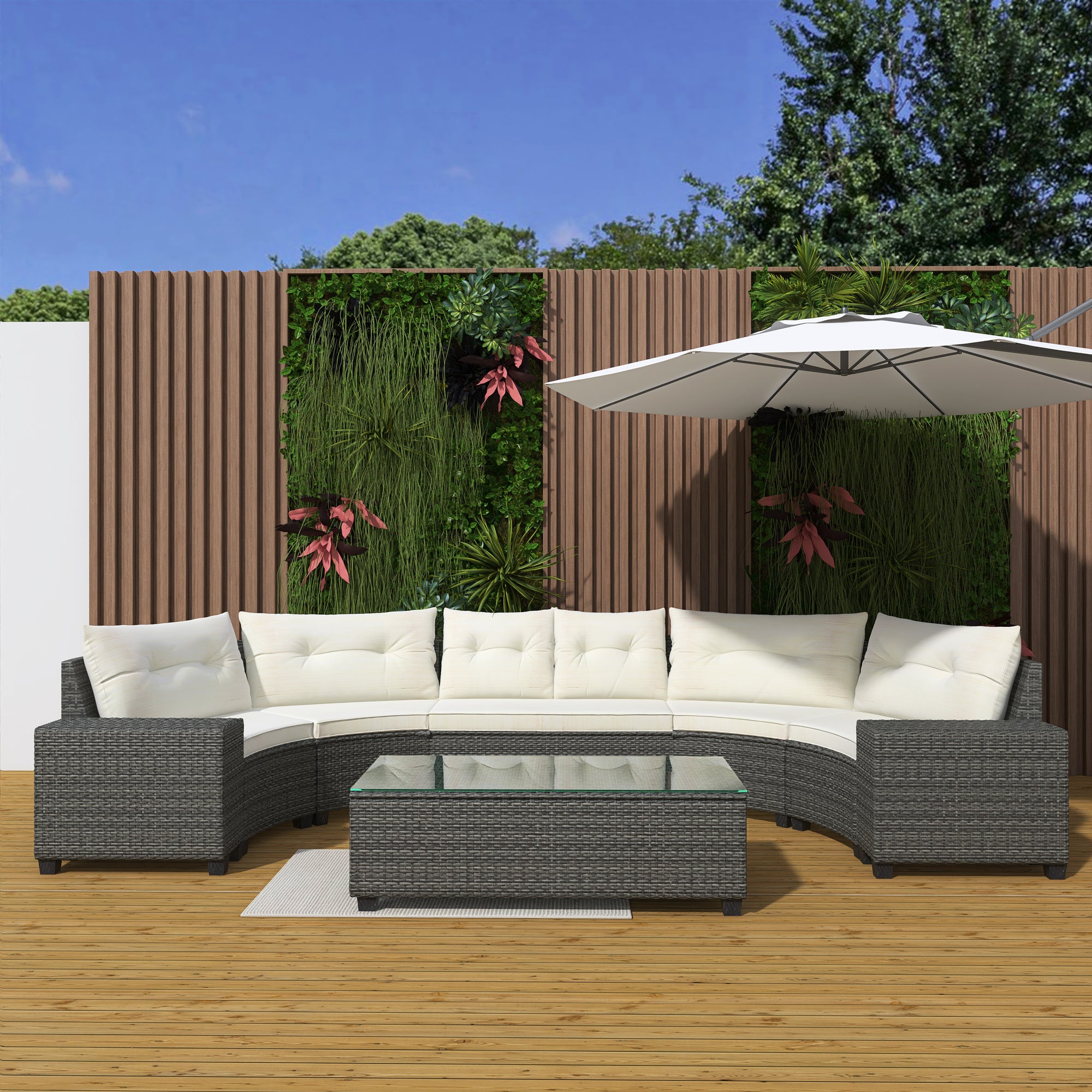 5-Piece PE Wicker Rattan Curved Outdoor Sectional Set with Grey Cushion