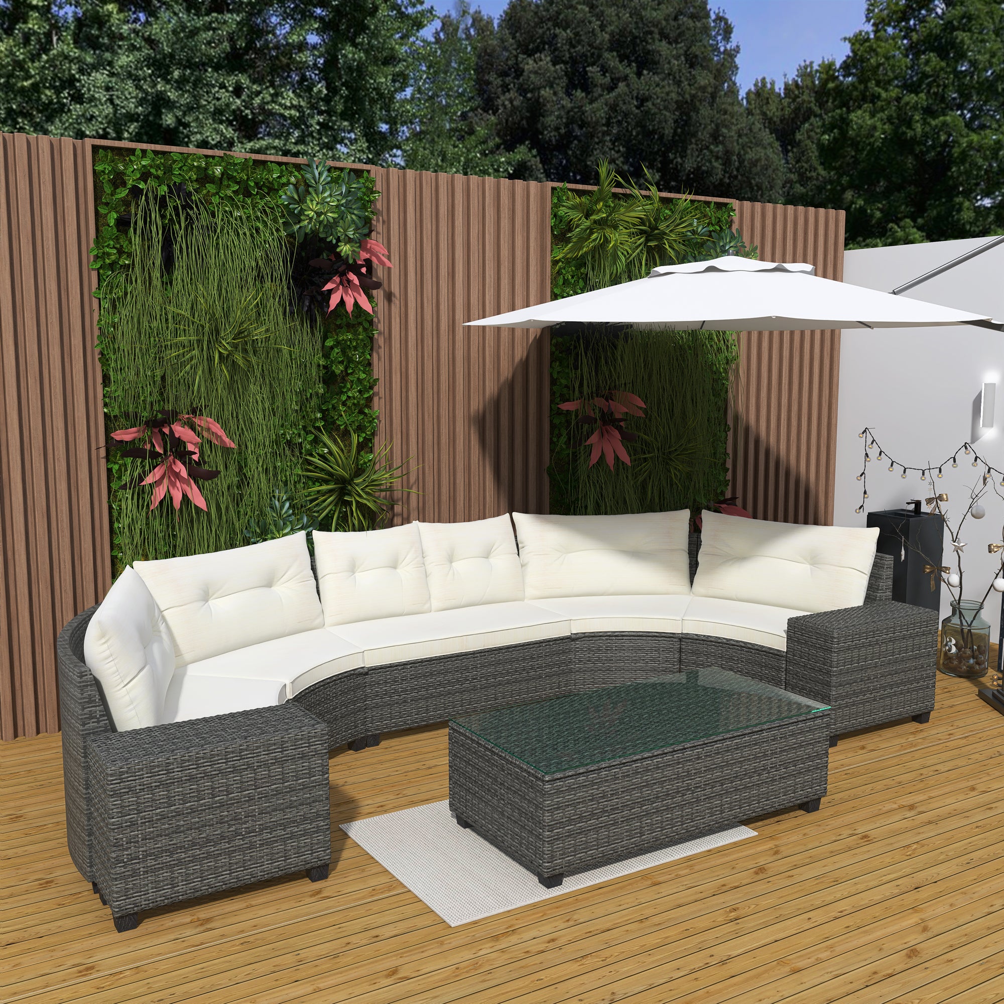 5-Piece PE Wicker Rattan Curved Outdoor Sectional Set with Grey Cushion