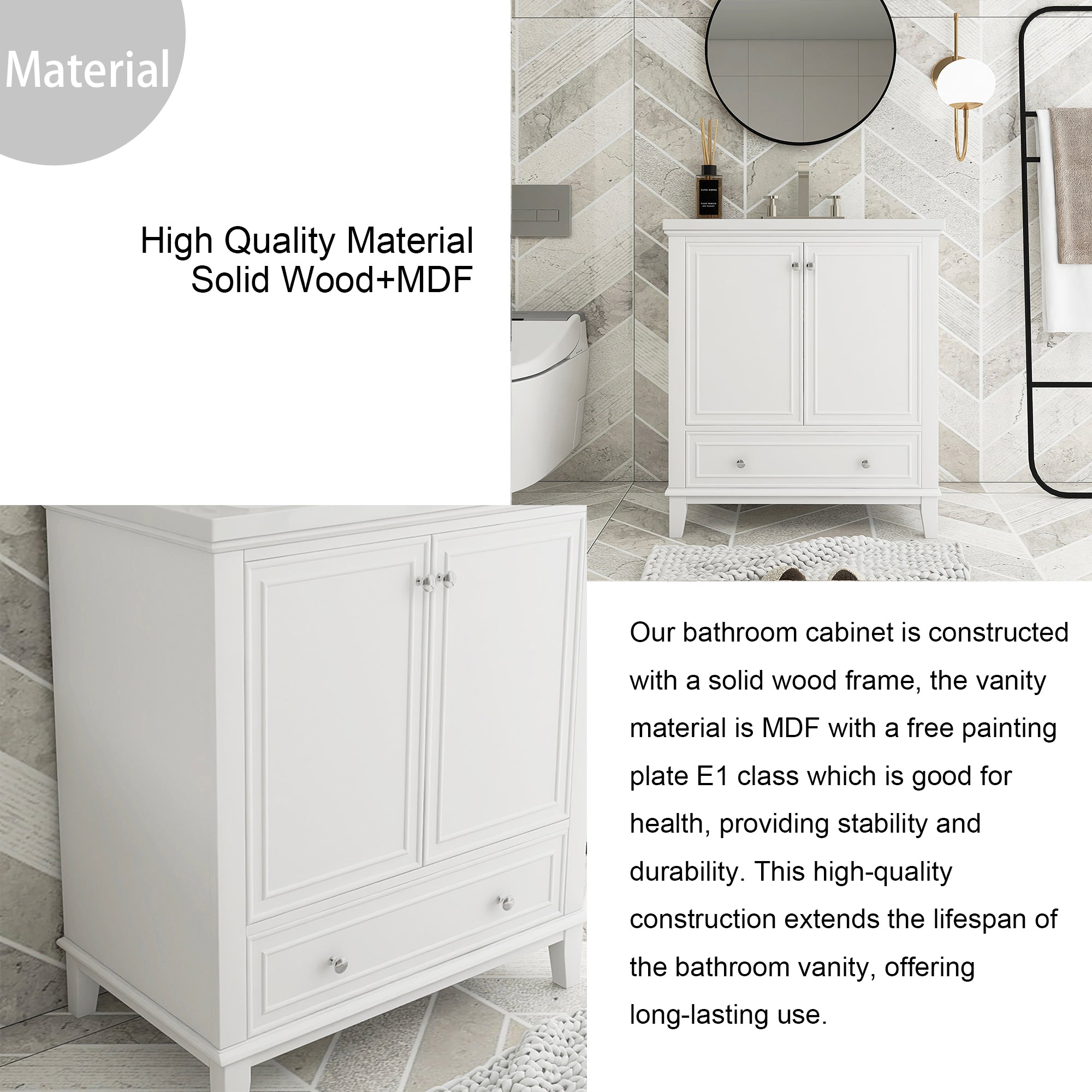 34.8" Tall Solid Wood+MDF 2-door Freestanding in White with Basin