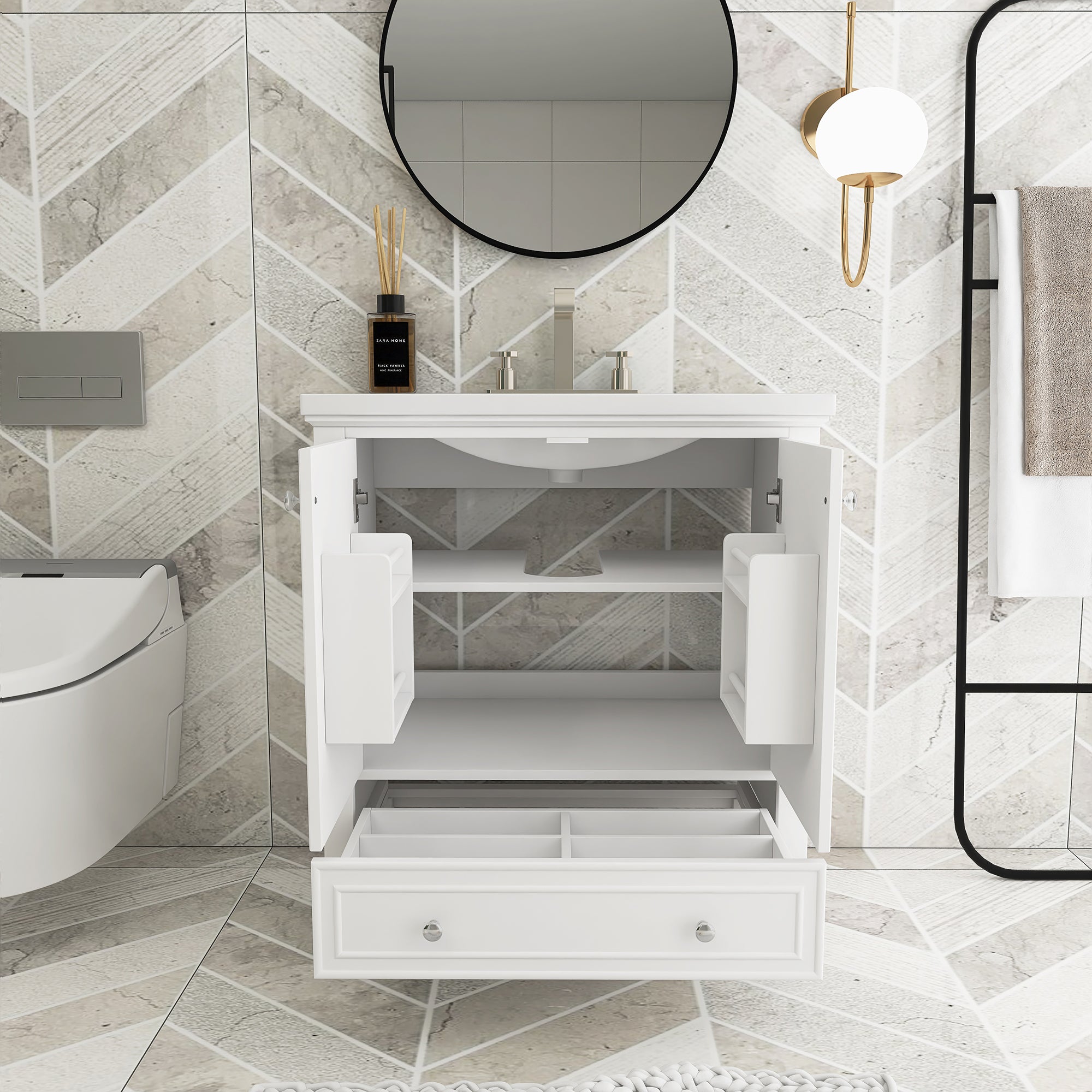 34.8" Tall Solid Wood+MDF 2-door Freestanding in White with Basin