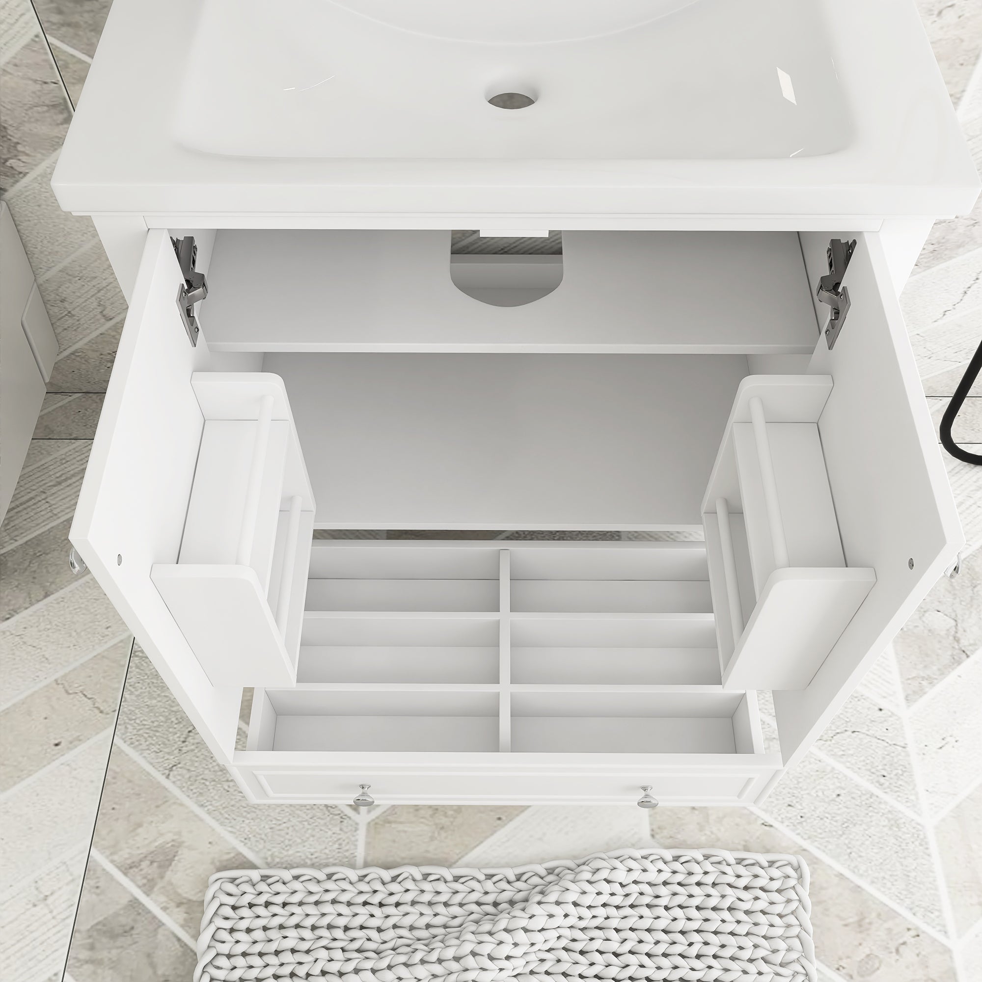 34.8" Tall Solid Wood+MDF 2-door Freestanding in White with Basin