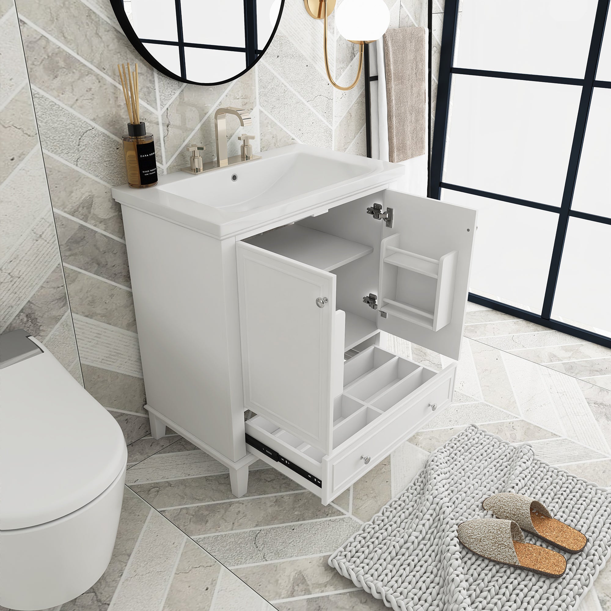 34.8" Tall Solid Wood+MDF 2-door Freestanding in White with Basin