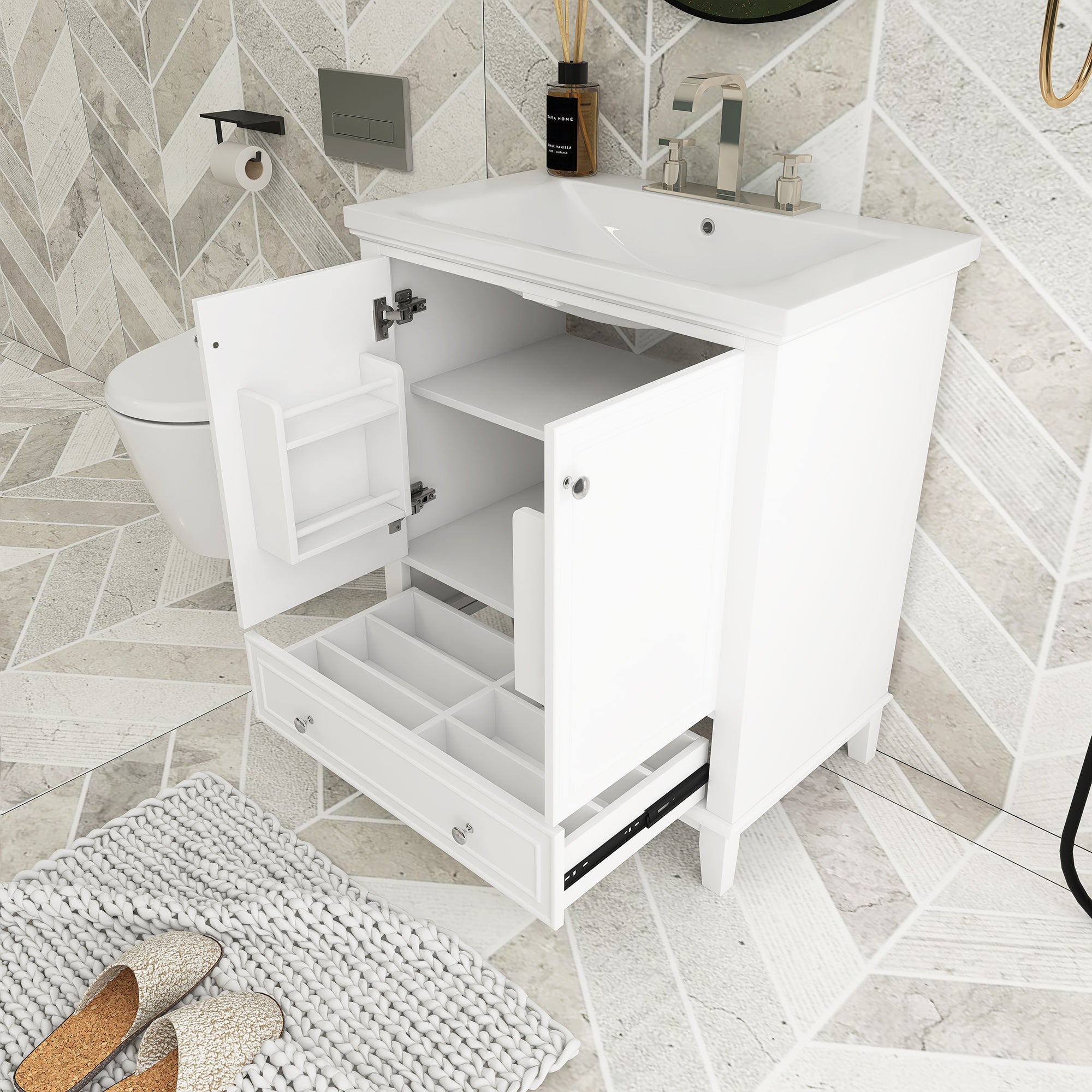 34.8" Tall Solid Wood+MDF 2-door Freestanding in White with Basin
