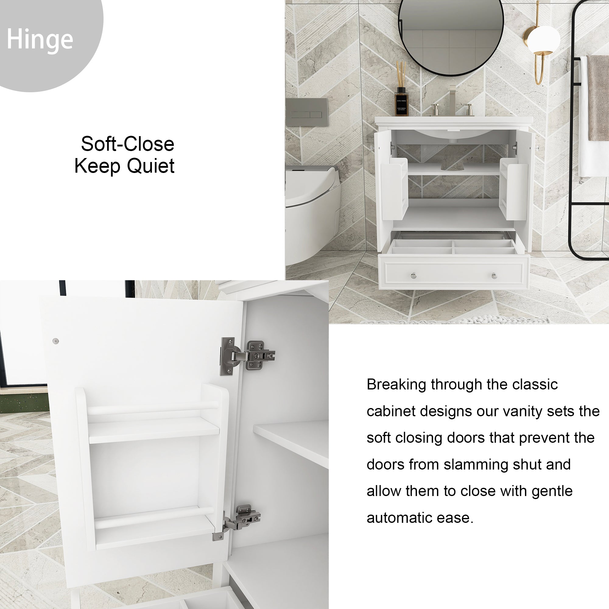 34.8" Tall Solid Wood+MDF 2-door Freestanding in White with Basin