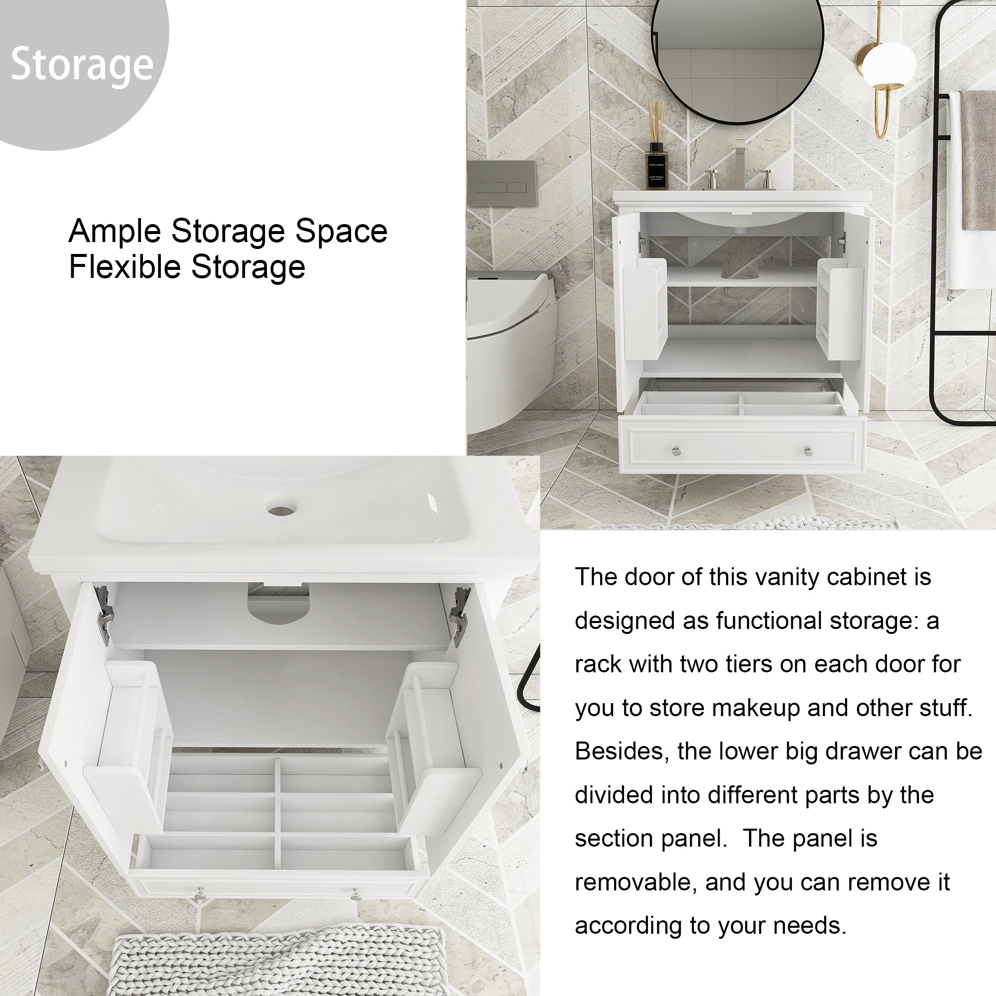 34.8" Tall Solid Wood+MDF 2-door Freestanding in White with Basin