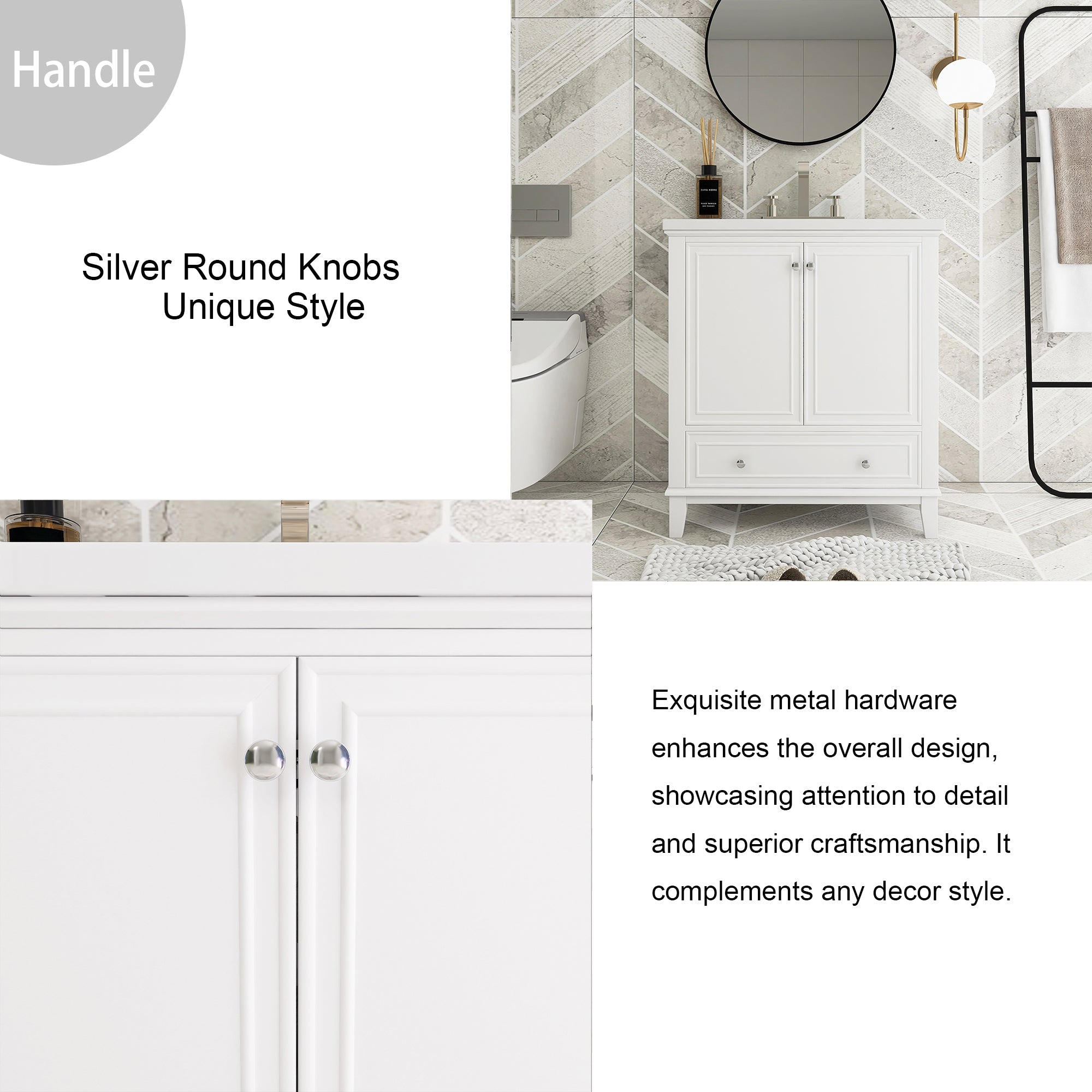 34.8" Tall Solid Wood+MDF 2-door Freestanding in White with Basin