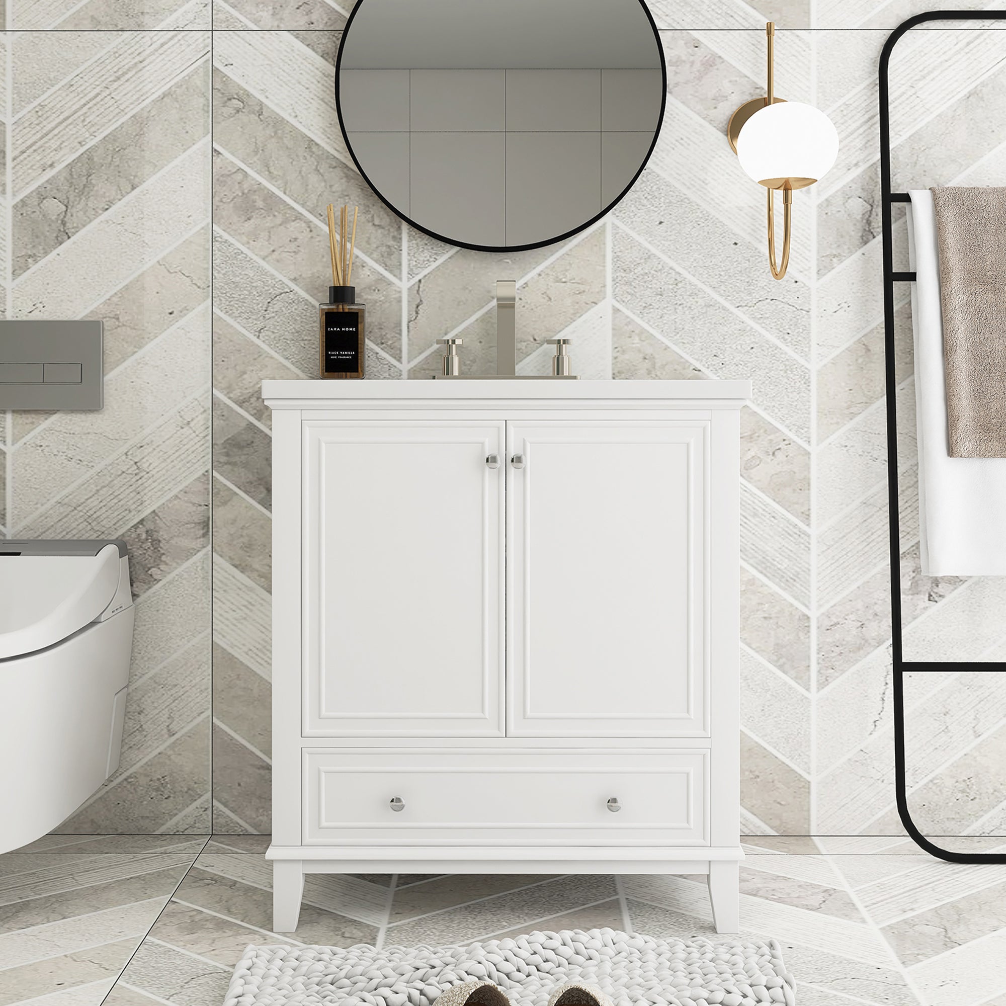 34.8" Tall Solid Wood+MDF 2-door Freestanding in White with Basin