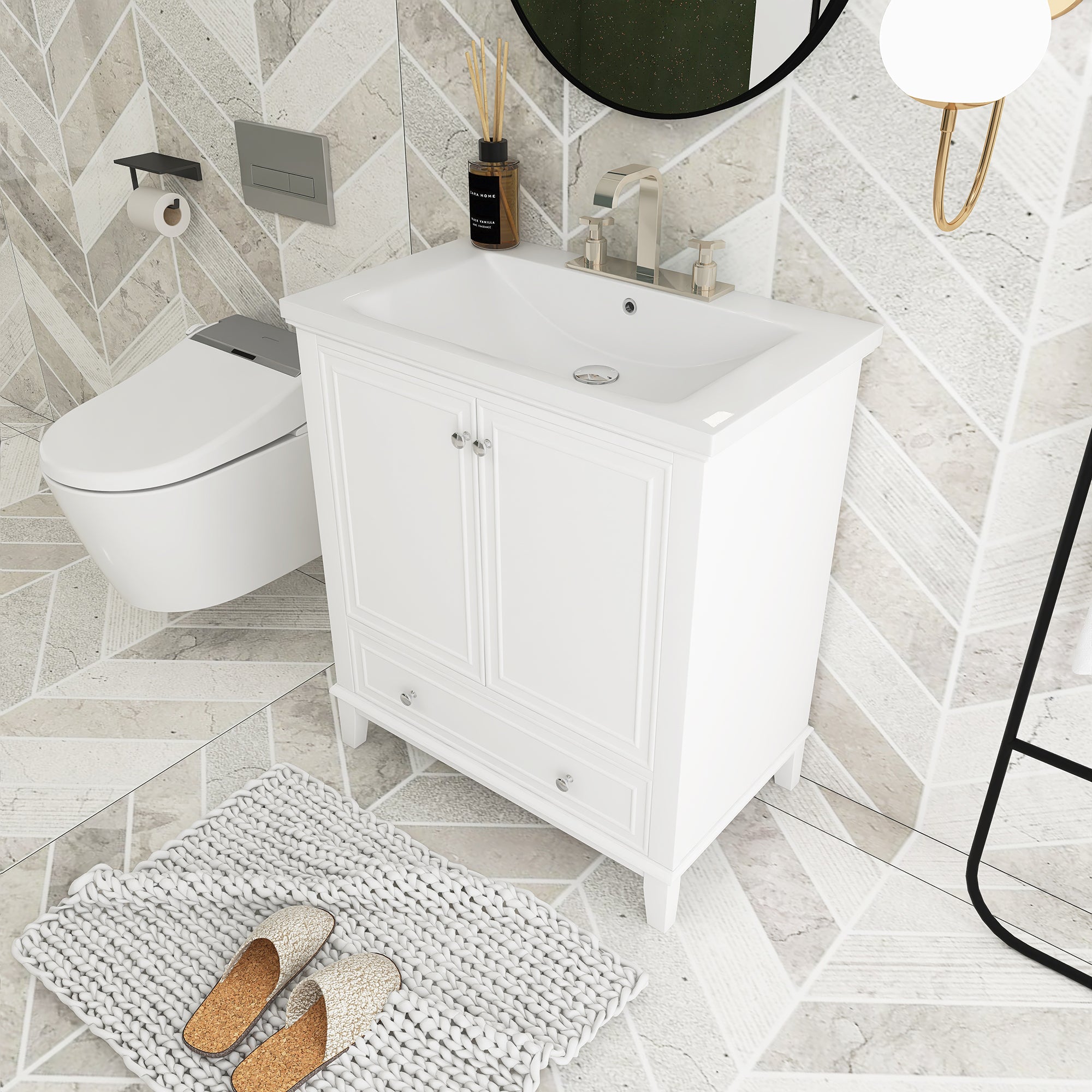 34.8" Tall Solid Wood+MDF 2-door Freestanding in White with Basin