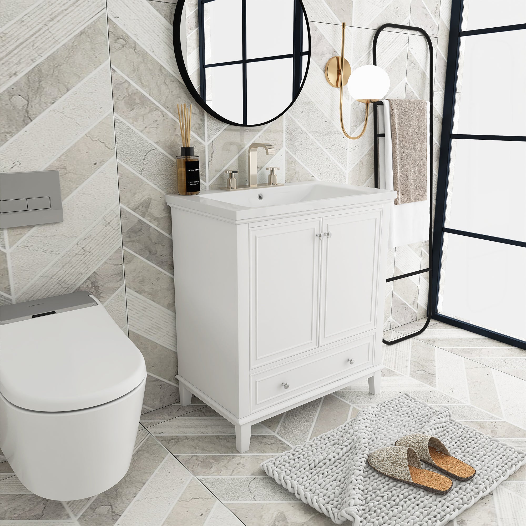 34.8" Tall Solid Wood+MDF 2-door Freestanding in White with Basin