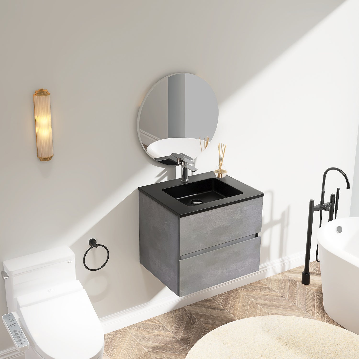 Wall-Mounted 2-drawer Bathroom Vanity Set in Cement Grey with Integrated Solid Surface Sink