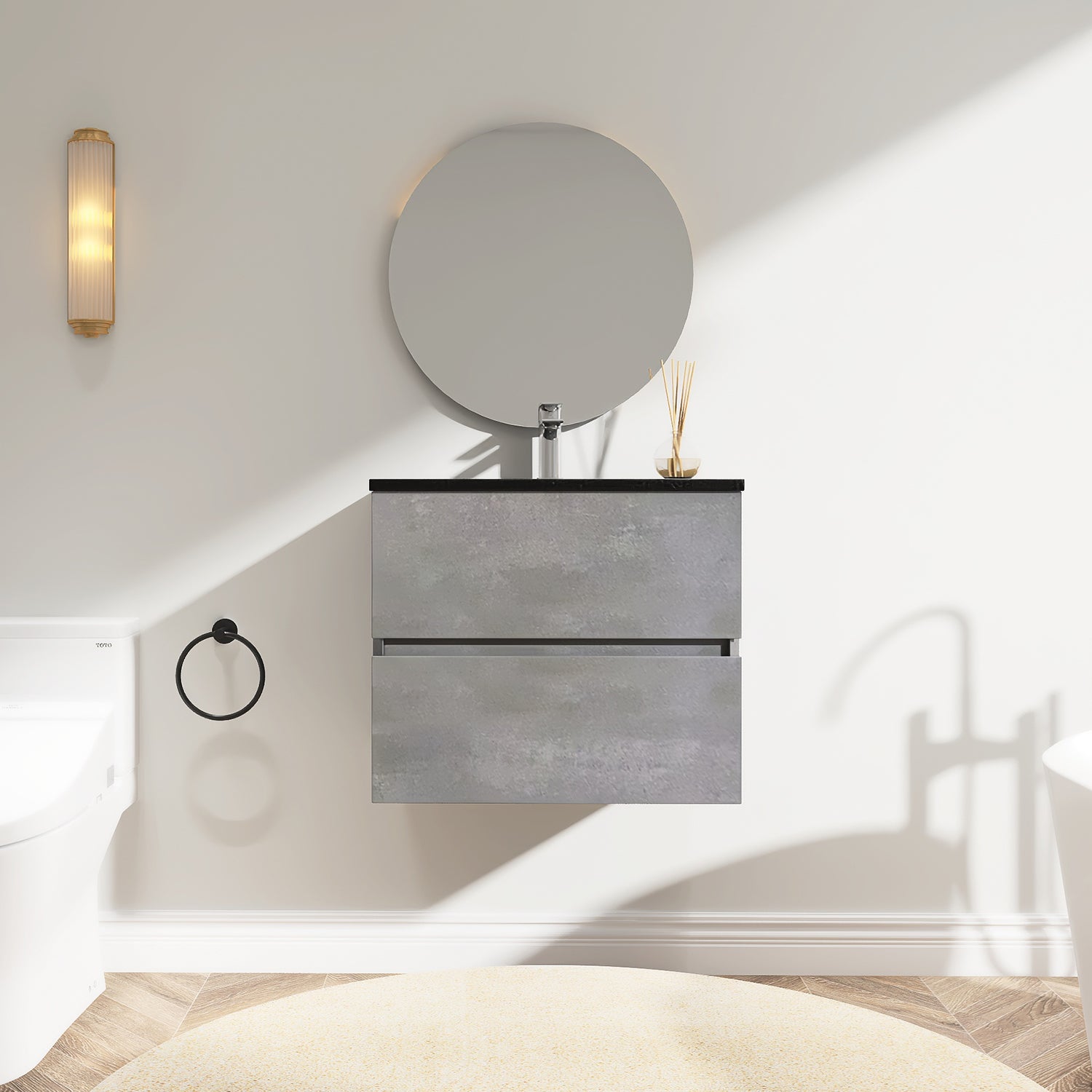 Wall-Mounted 2-drawer Bathroom Vanity Set in Cement Grey with Integrated Solid Surface Sink