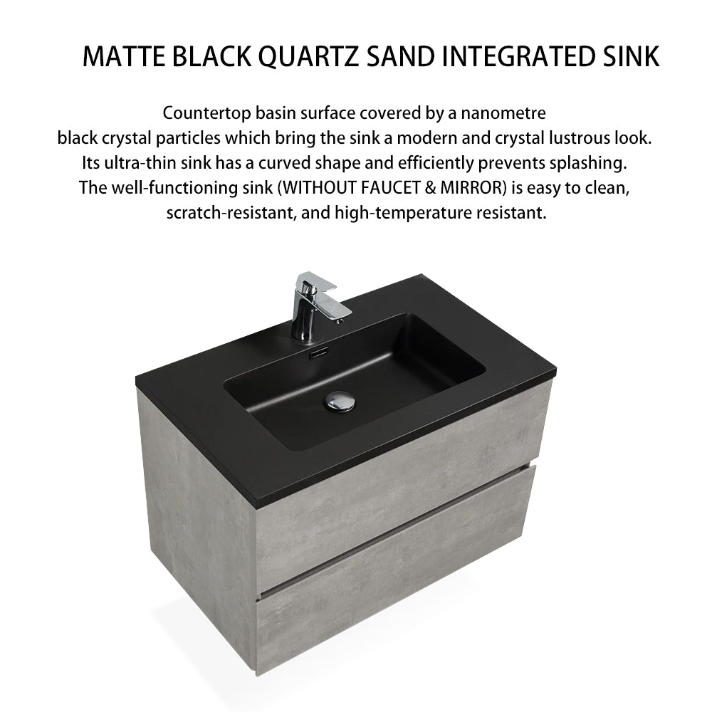 Wall-Mounted 2-drawer Bathroom Vanity Set in Cement Grey with Integrated Solid Surface Sink