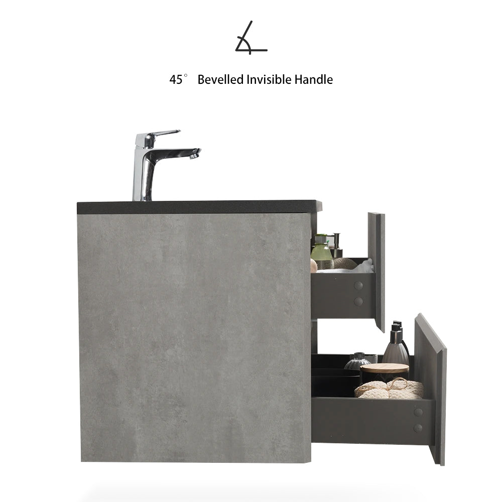 Wall-Mounted 2-drawer Bathroom Vanity Set in Cement Grey with Integrated Solid Surface Sink