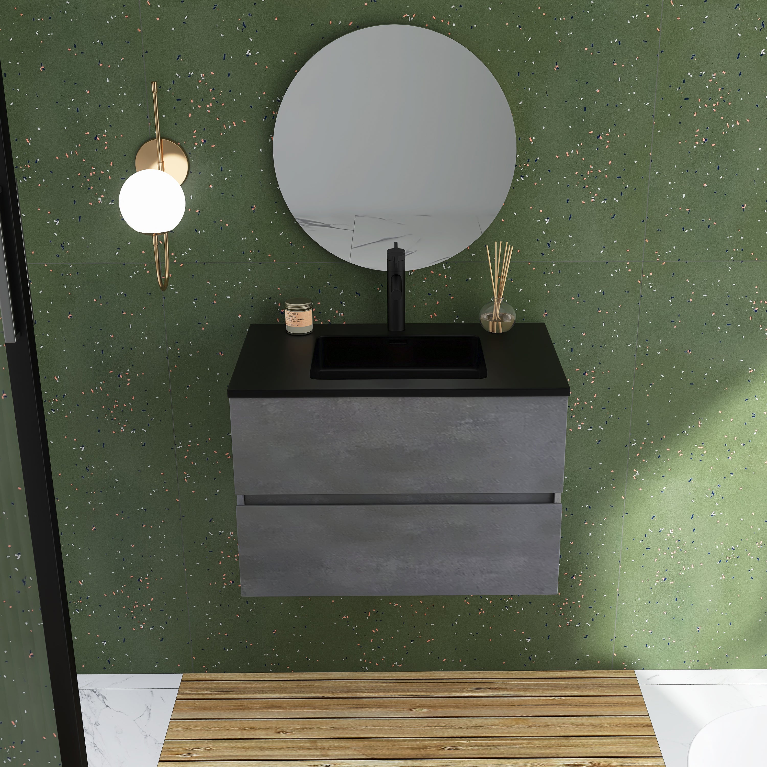 Wall-Mounted 2-drawer Bathroom Vanity Set in Cement Grey with Integrated Solid Surface Sink