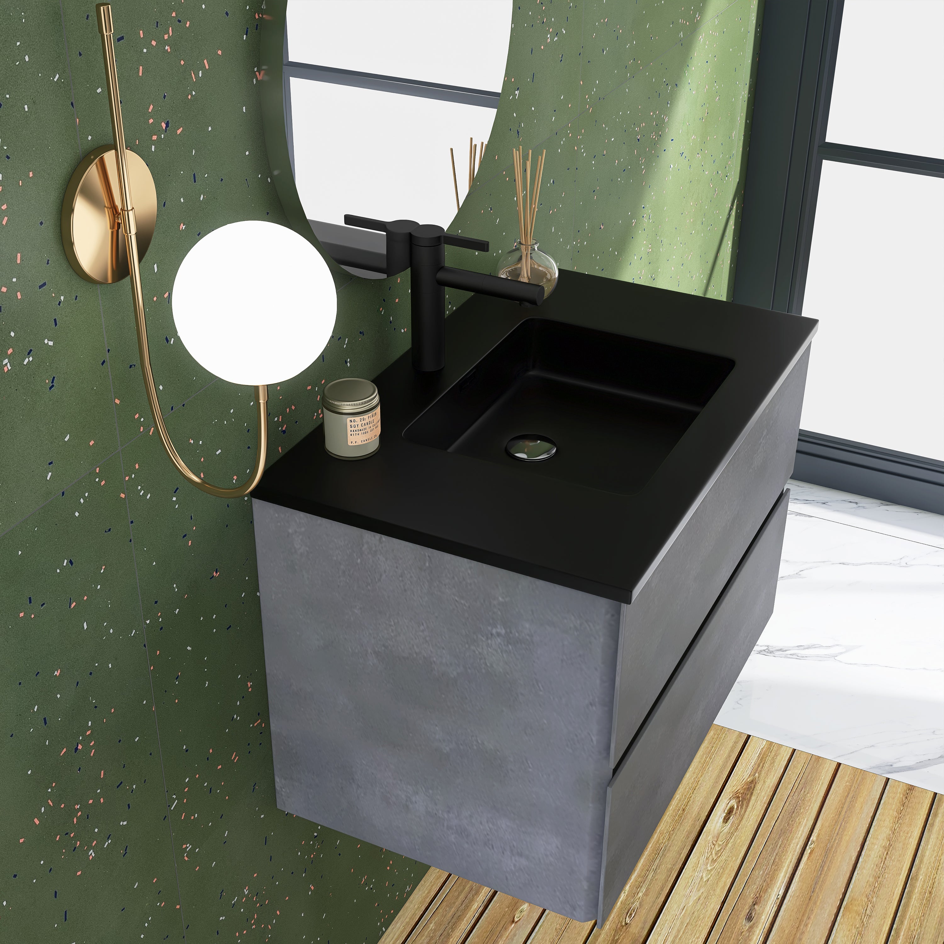 Wall-Mounted 2-drawer Bathroom Vanity Set in Cement Grey with Integrated Solid Surface Sink