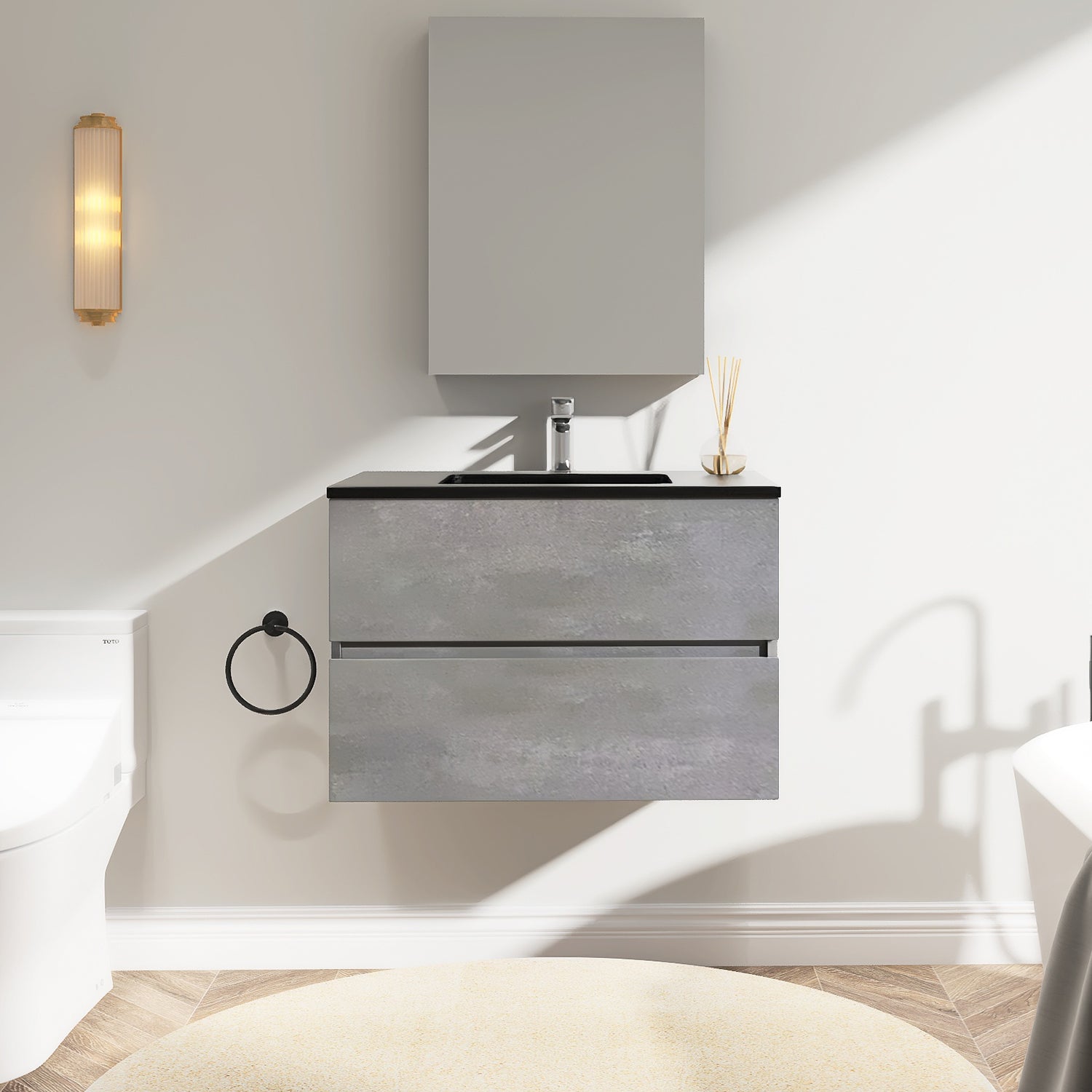 Wall-Mounted 2-drawer Bathroom Vanity Set in Cement Grey with Integrated Solid Surface Sink