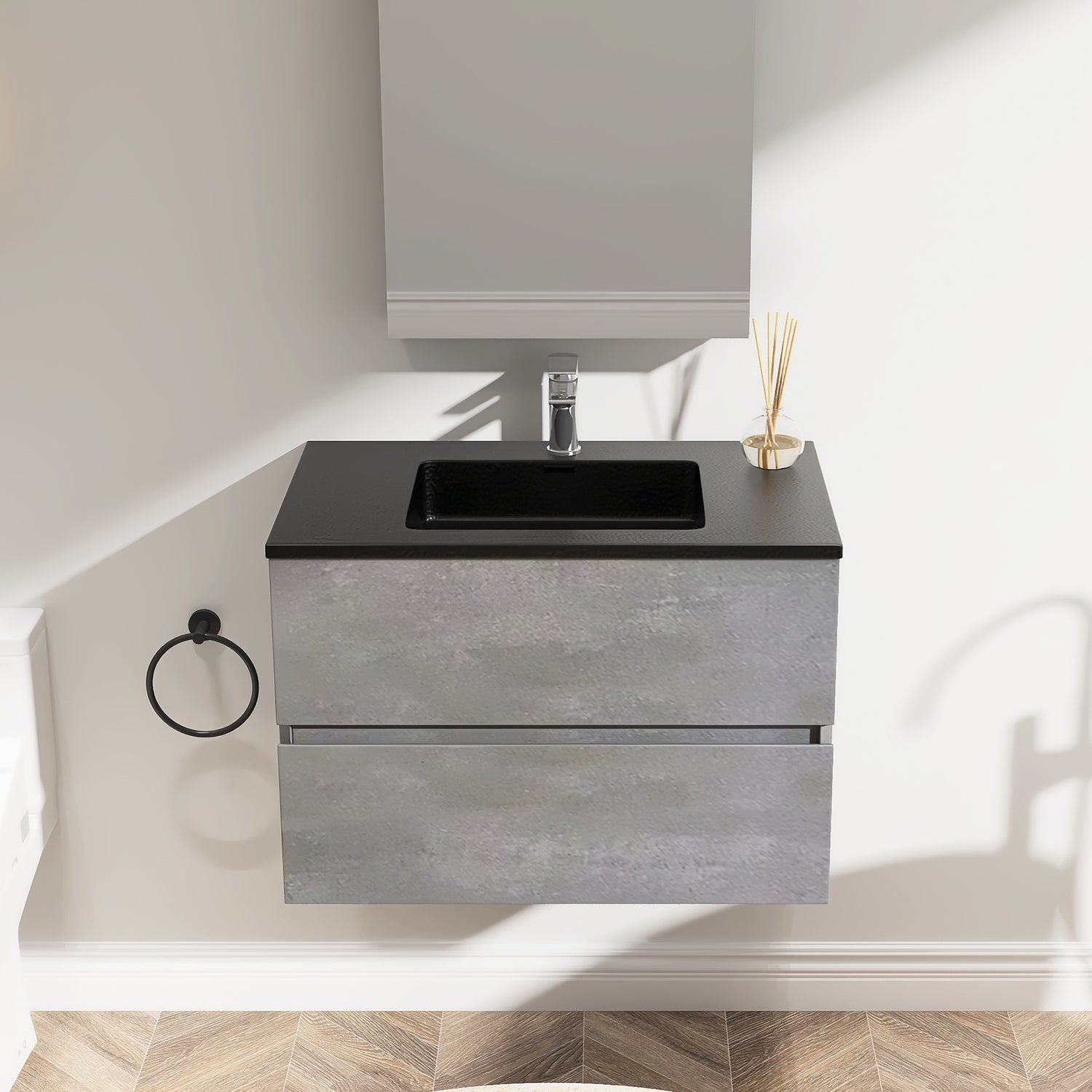 Wall-Mounted 2-drawer Bathroom Vanity Set in Cement Grey with Integrated Solid Surface Sink