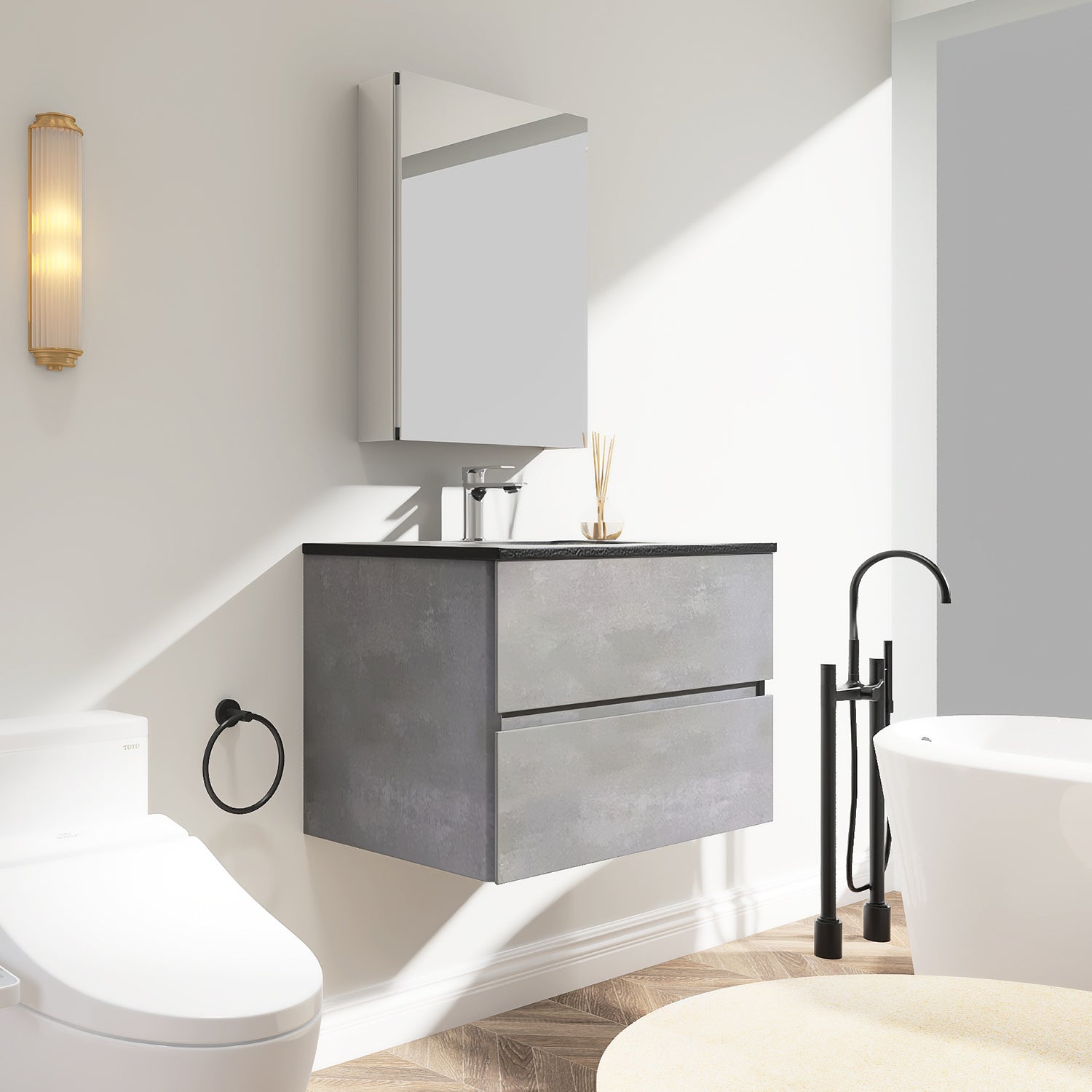 Wall-Mounted 2-drawer Bathroom Vanity Set in Cement Grey with Integrated Solid Surface Sink