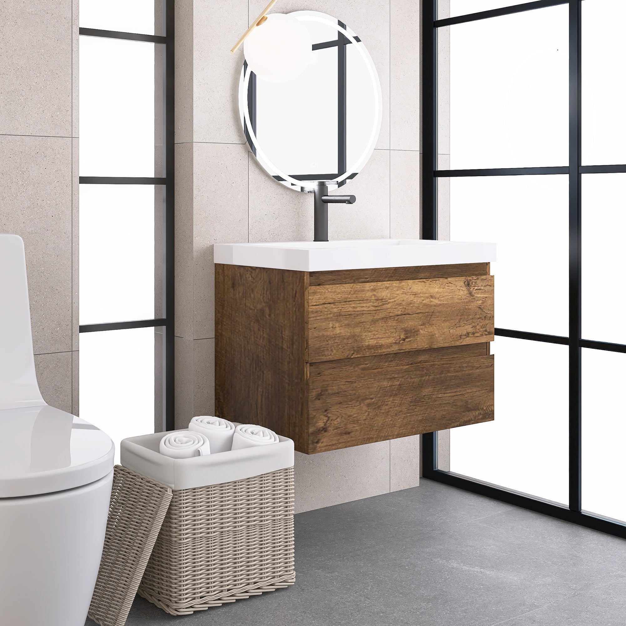 Wall-Mounted 2-drawer Bathroom Vanity Set with Integrated Resin Sink