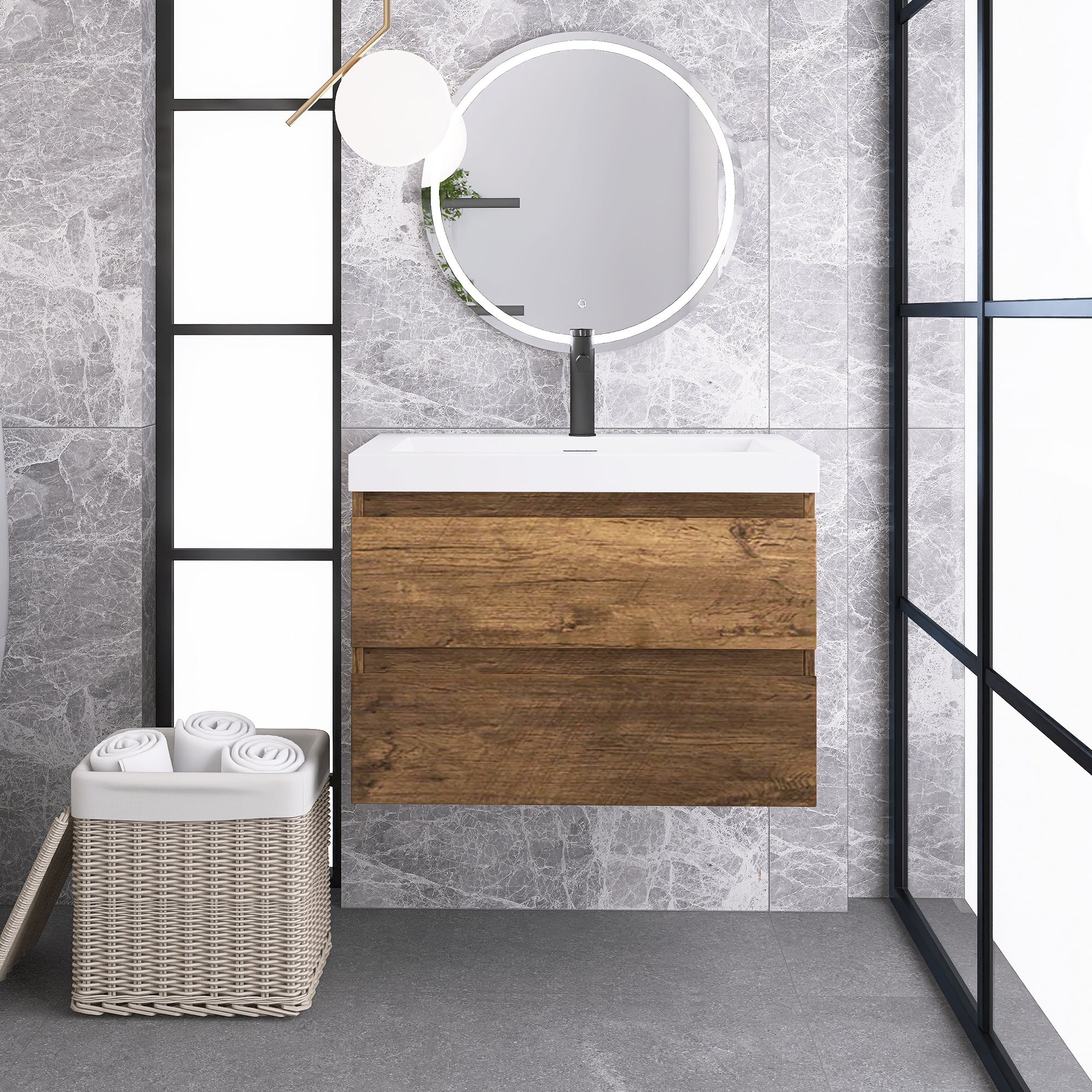 Wall-Mounted 2-drawer Bathroom Vanity Set with Integrated Resin Sink