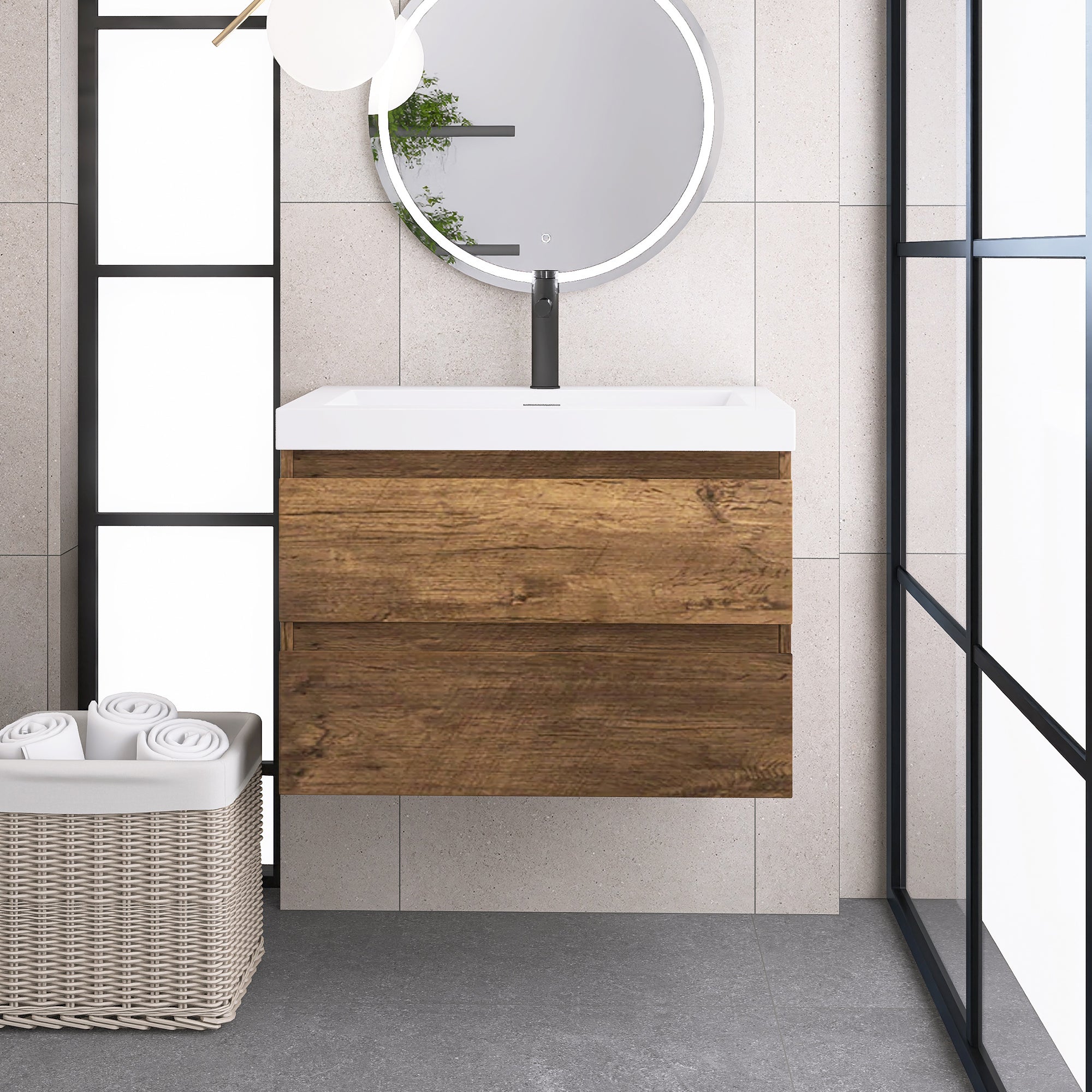 Wall-Mounted 2-drawer Bathroom Vanity Set with Integrated Resin Sink