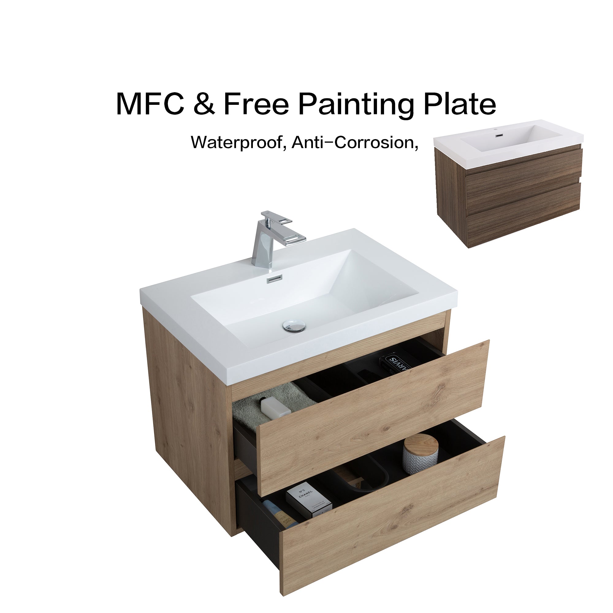 Wall-Mounted 2-drawer Bathroom Vanity Set with Integrated Resin Sink