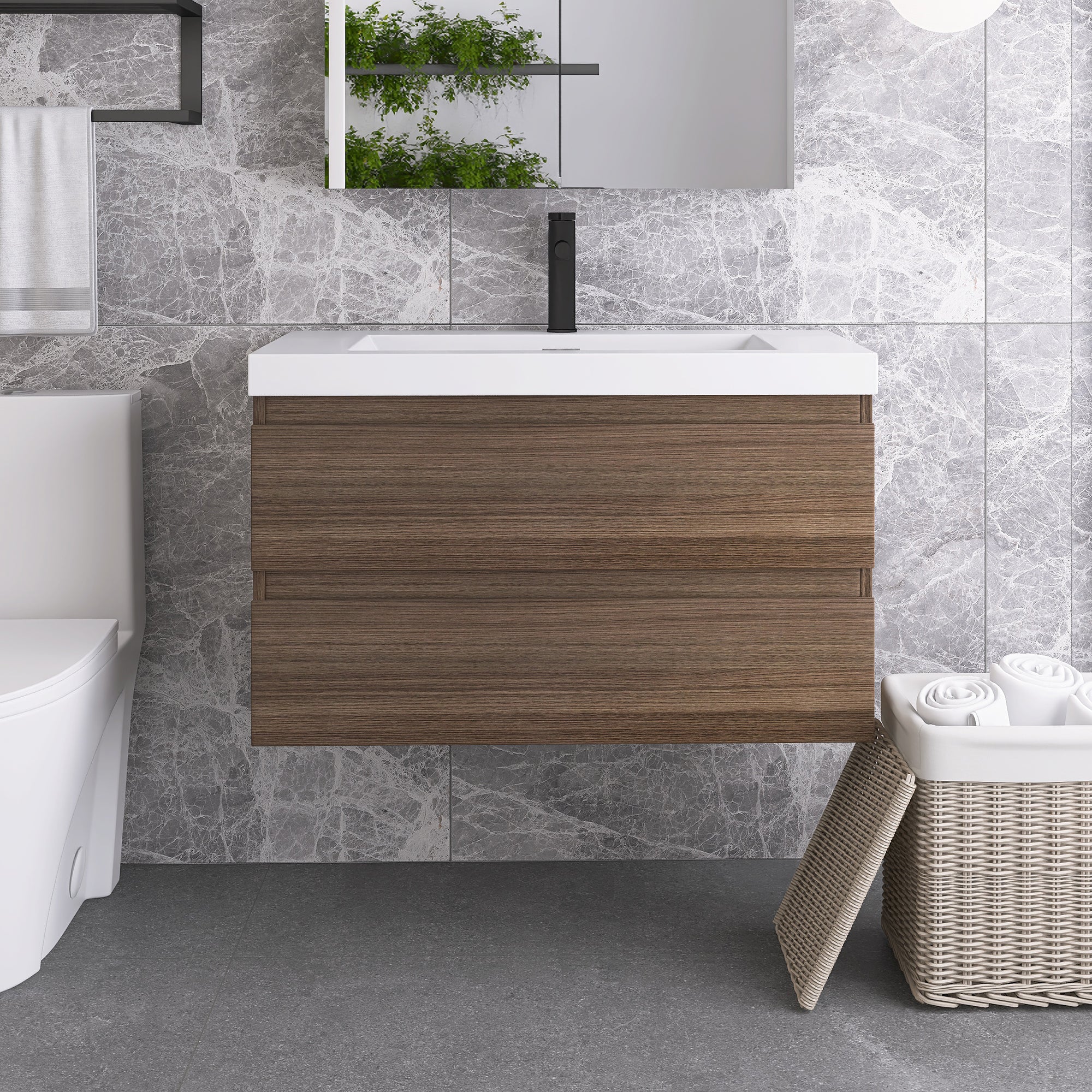 Wall-Mounted 2-drawer Bathroom Vanity Set with Integrated Resin Sink