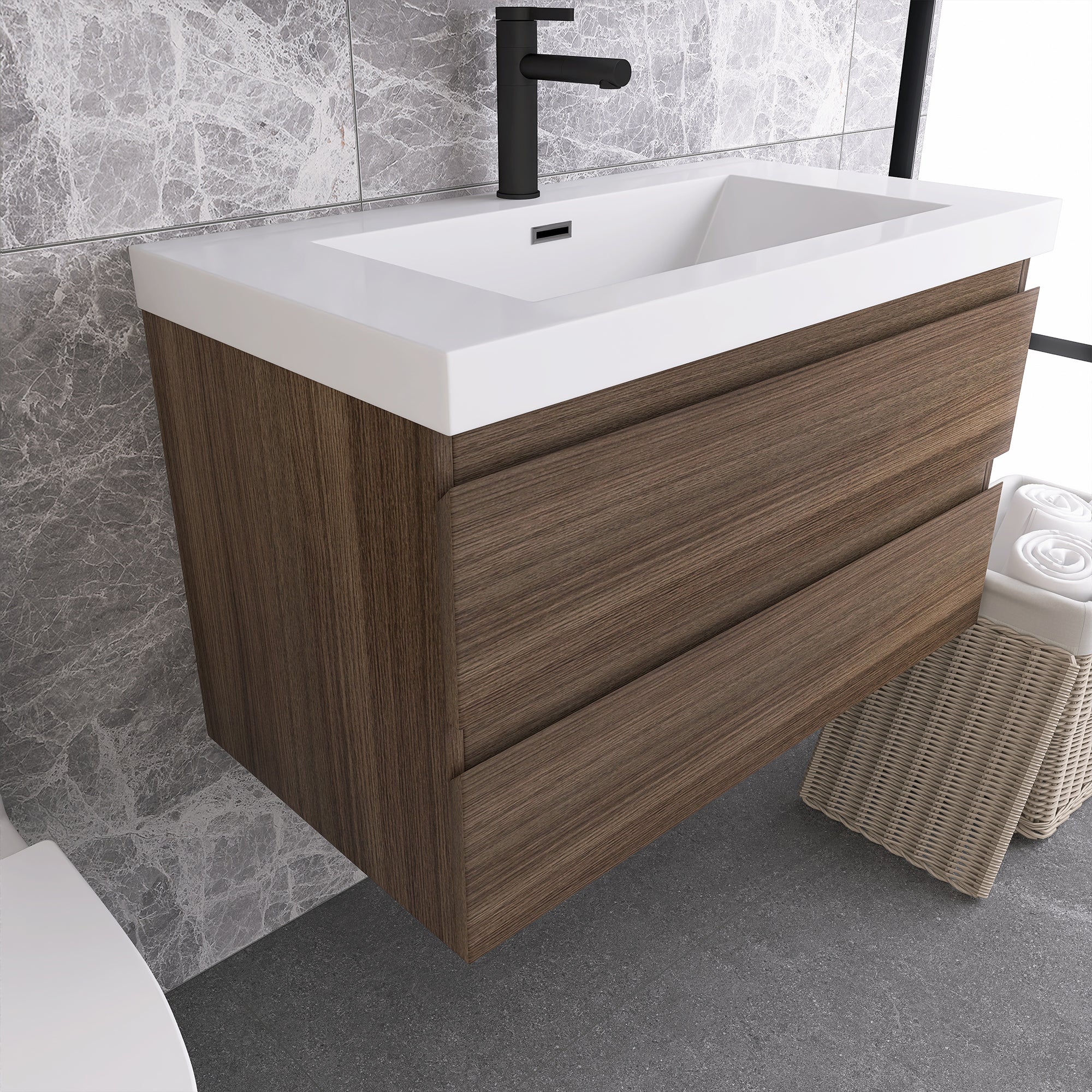 Wall-Mounted 2-drawer Bathroom Vanity Set with Integrated Resin Sink