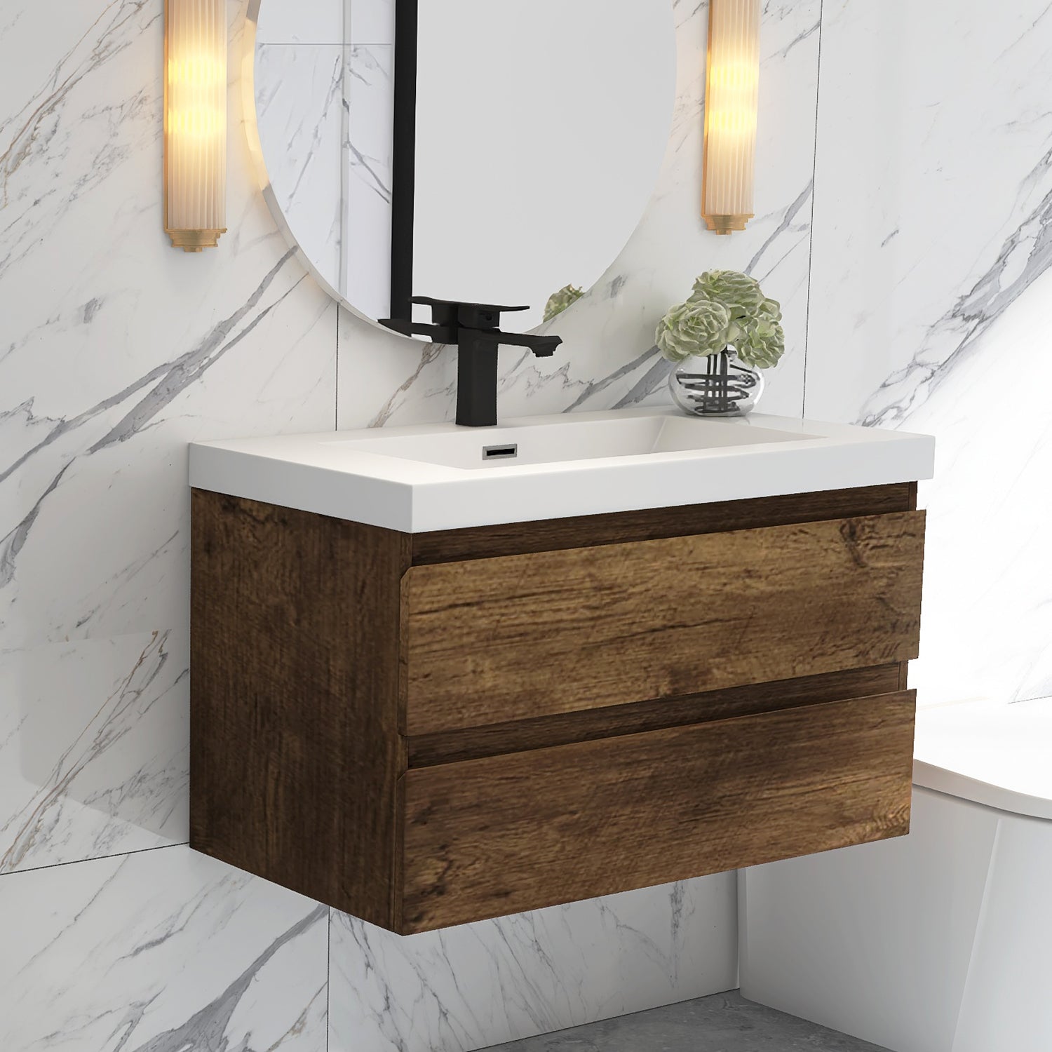 Wall-Mounted 2-drawer Bathroom Vanity Set with Integrated Resin Sink