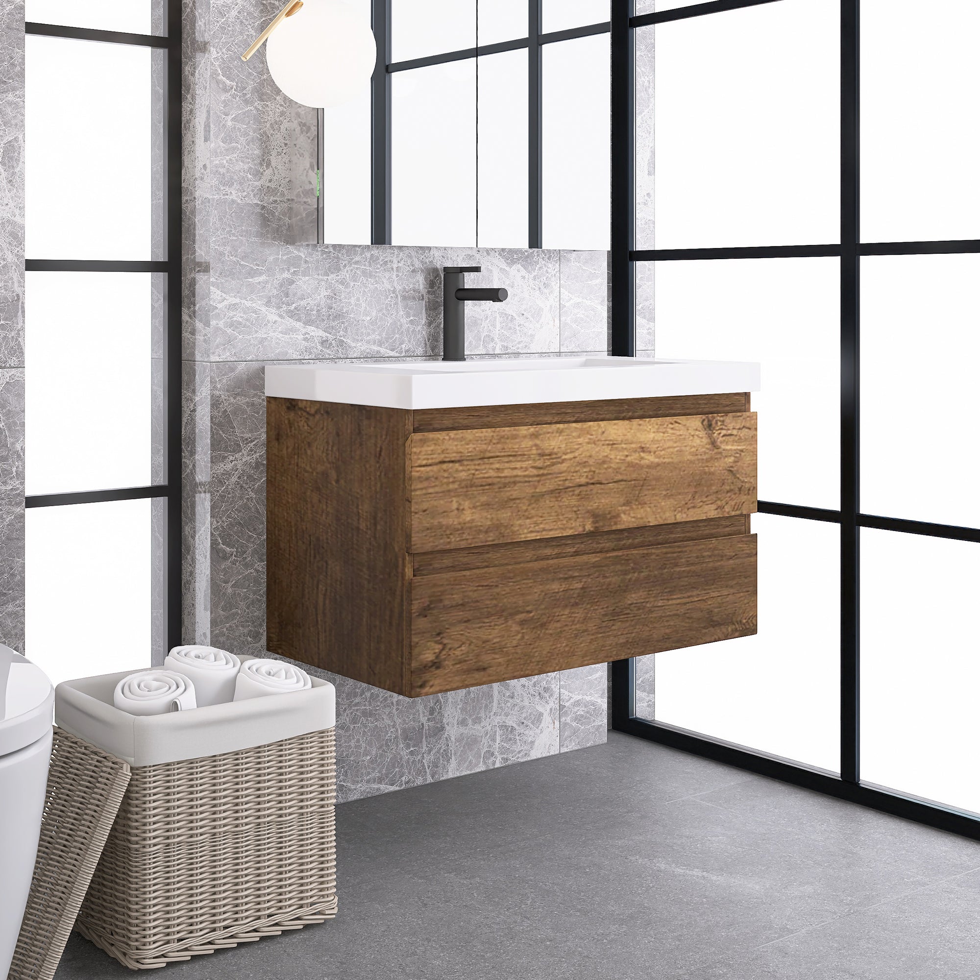 Wall-Mounted 2-drawer Bathroom Vanity Set with Integrated Resin Sink