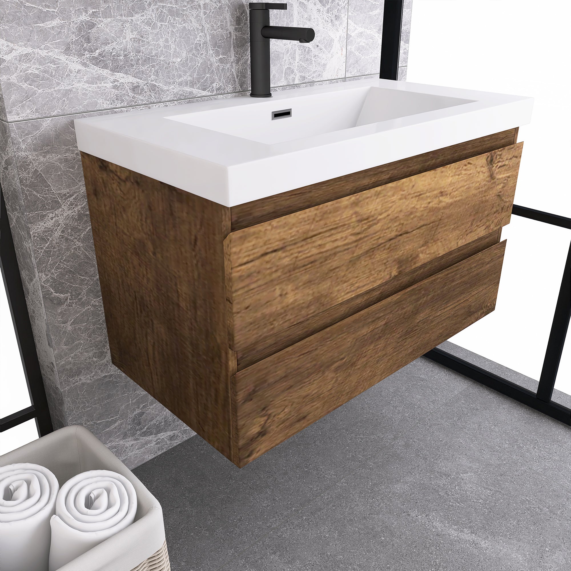 Wall-Mounted 2-drawer Bathroom Vanity Set with Integrated Resin Sink