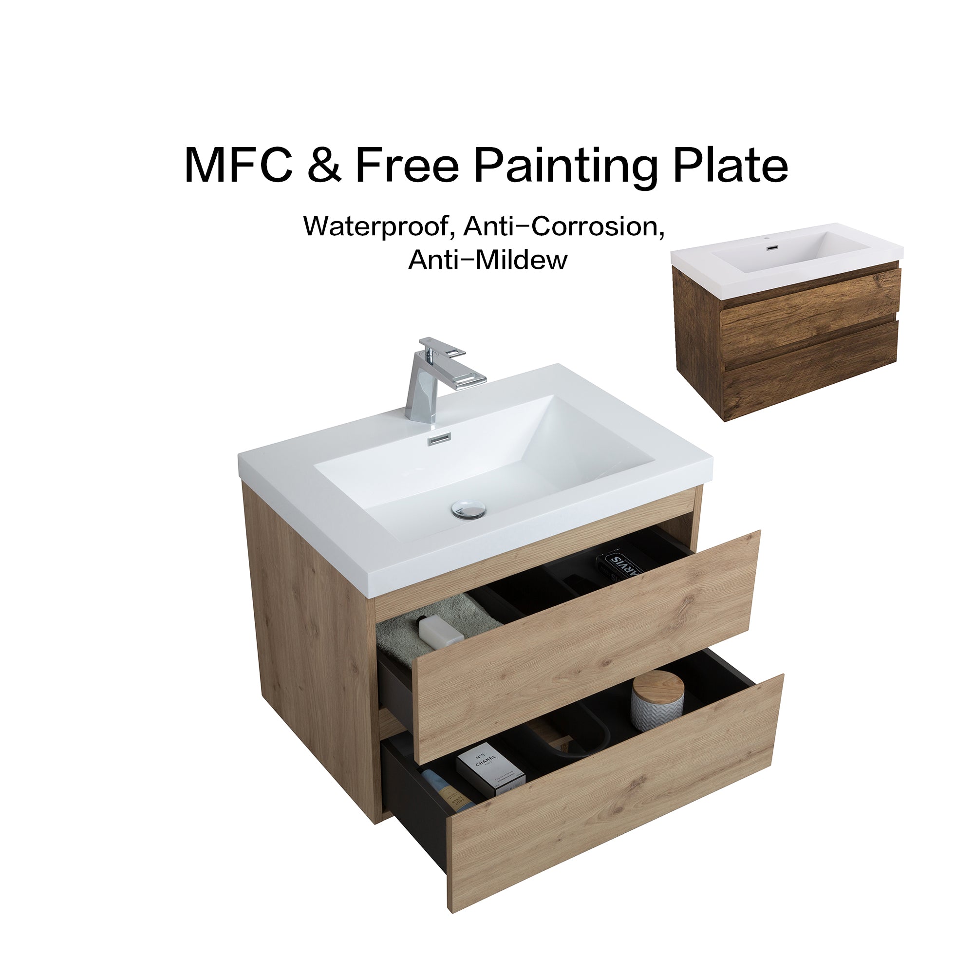 Wall-Mounted 2-drawer Bathroom Vanity Set with Integrated Resin Sink