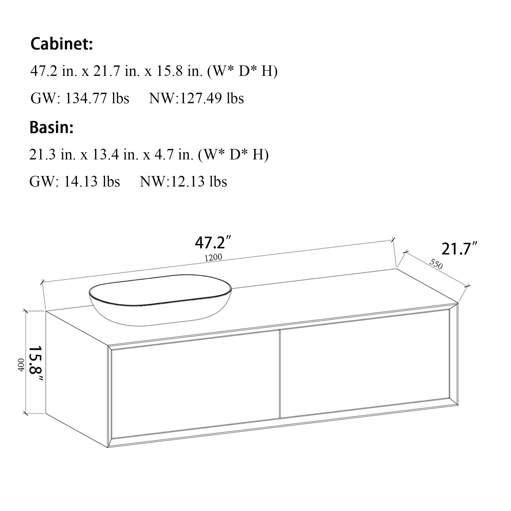 48 in. Wall Mounted Bathroom Vanity Set with White Solid Surface Top and Vessel Sink