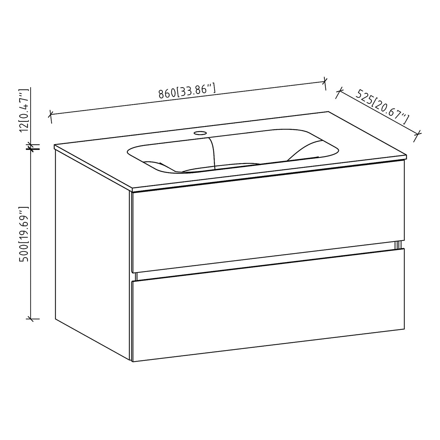 34 in. Wall-Mounted Bathroom Vanity Set in White with Black Quartz Top and Integrated Sink