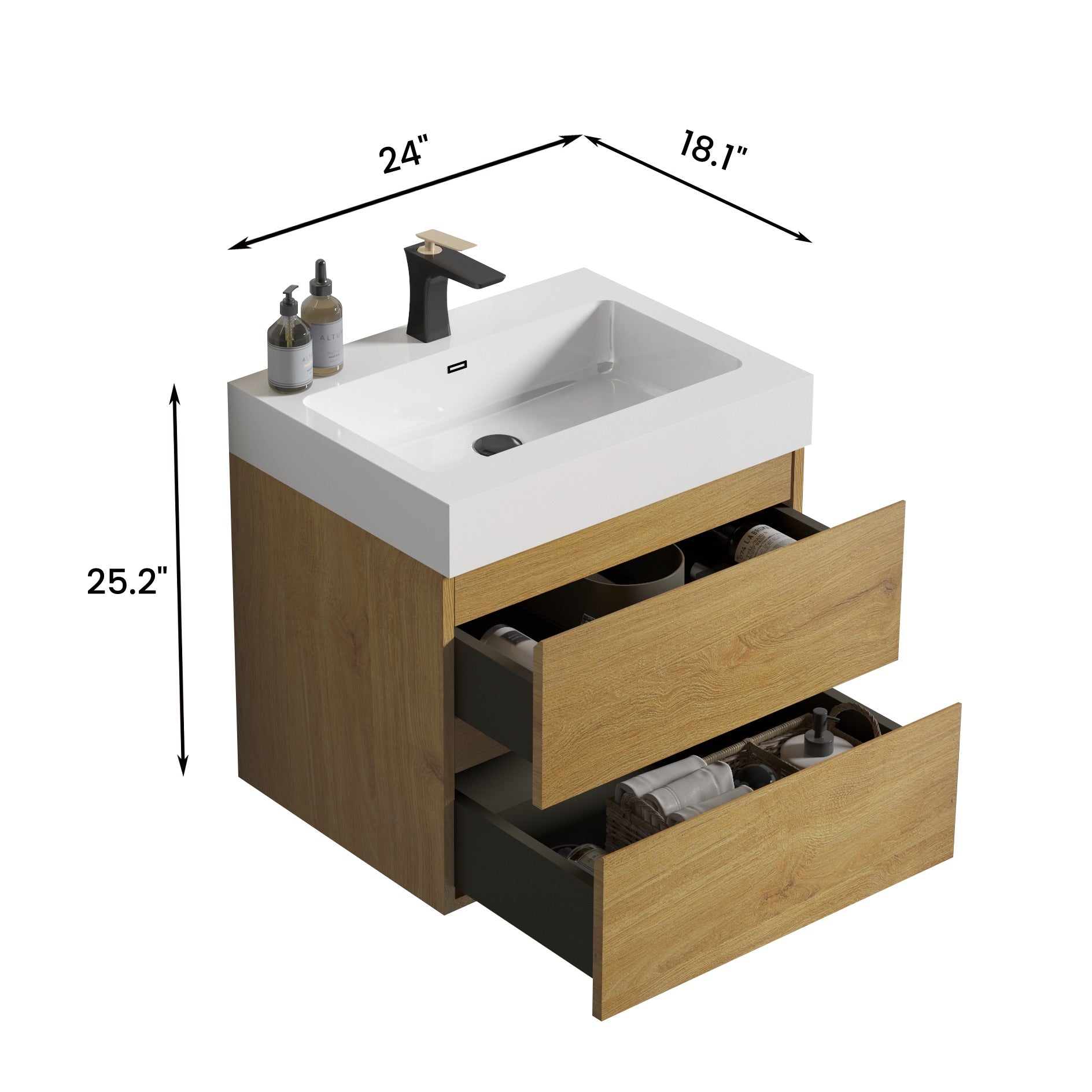 Wood Wall-Mounted Bathroom Vanity Set with White Integrated Resin Sink