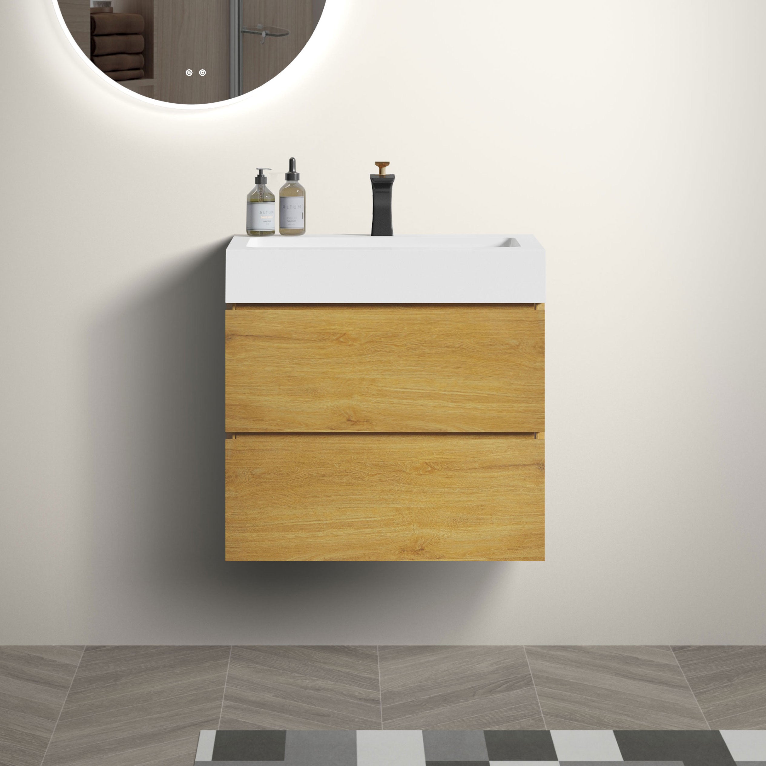 Wood Wall-Mounted Bathroom Vanity Set with White Integrated Resin Sink