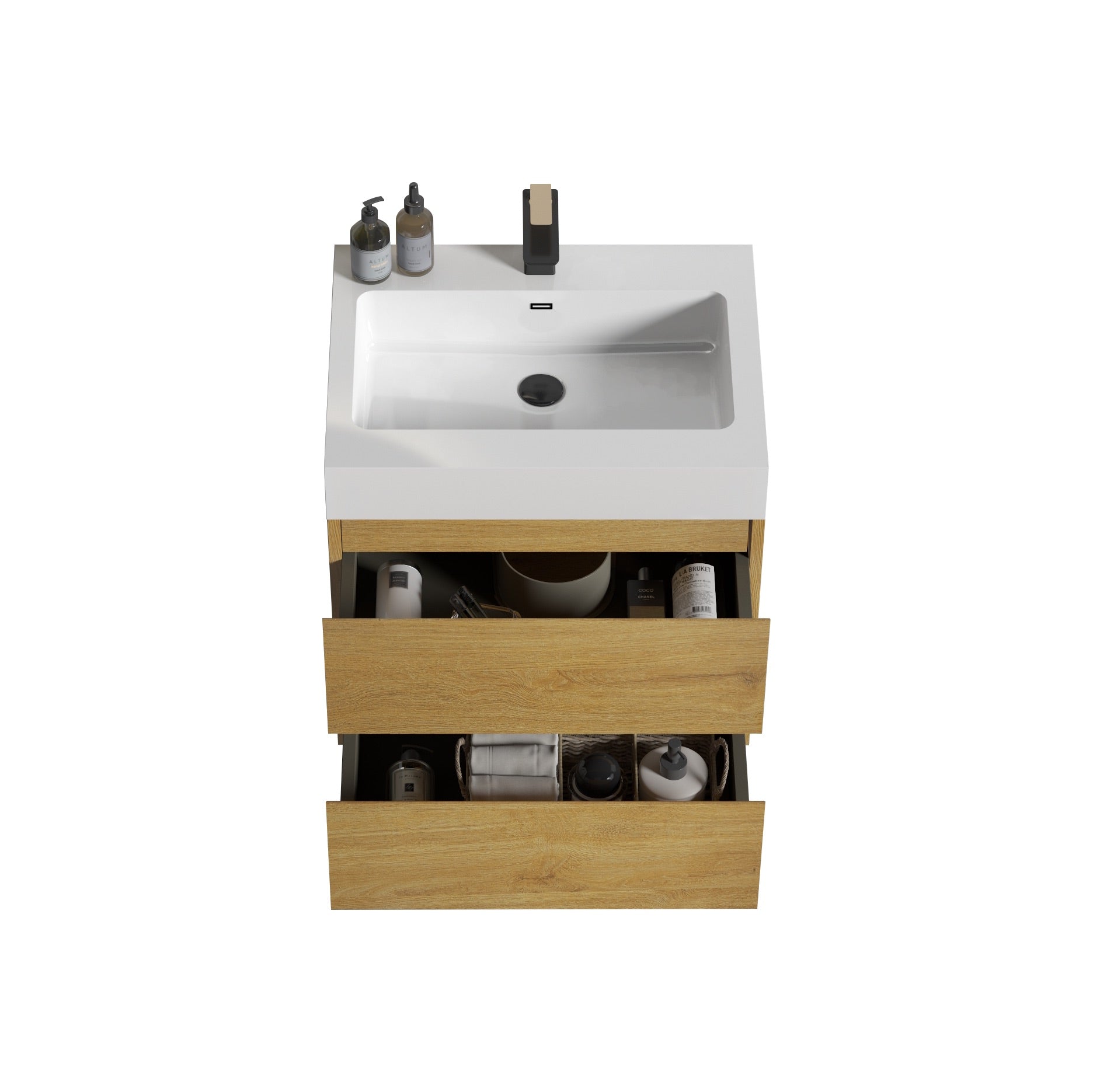 Wood Wall-Mounted Bathroom Vanity Set with White Integrated Resin Sink