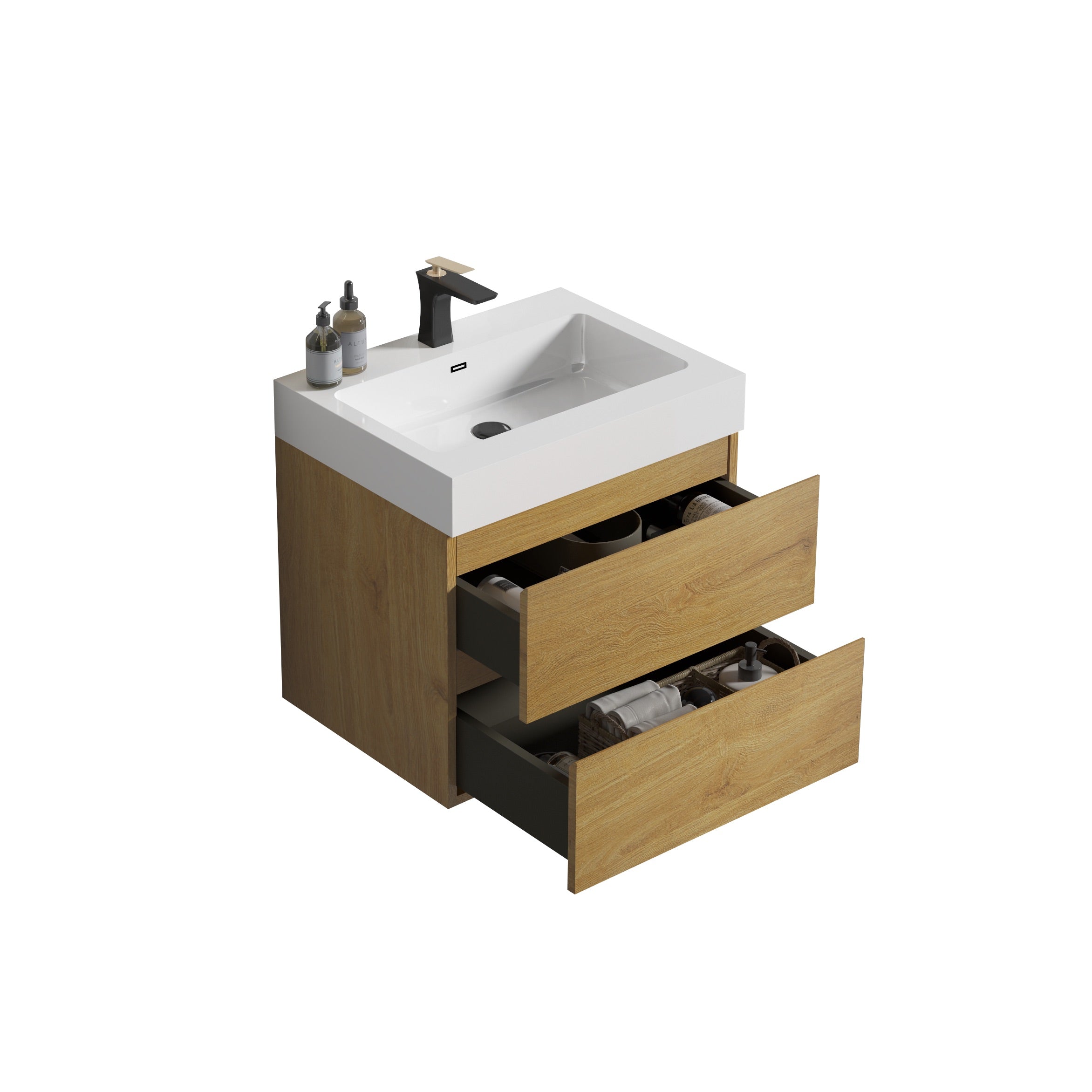 Wood Wall-Mounted Bathroom Vanity Set with White Integrated Resin Sink