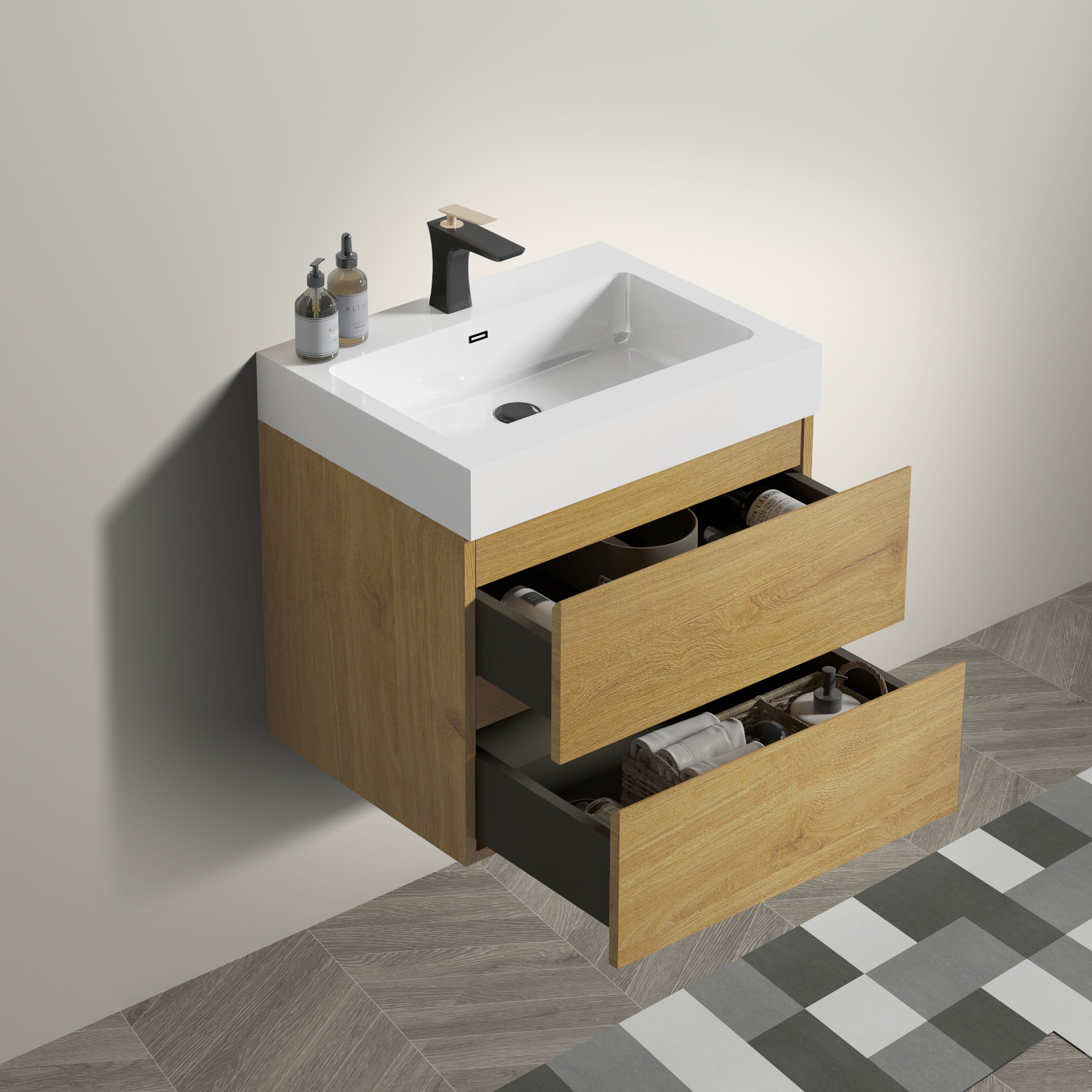 Wood Wall-Mounted Bathroom Vanity Set with White Integrated Resin Sink