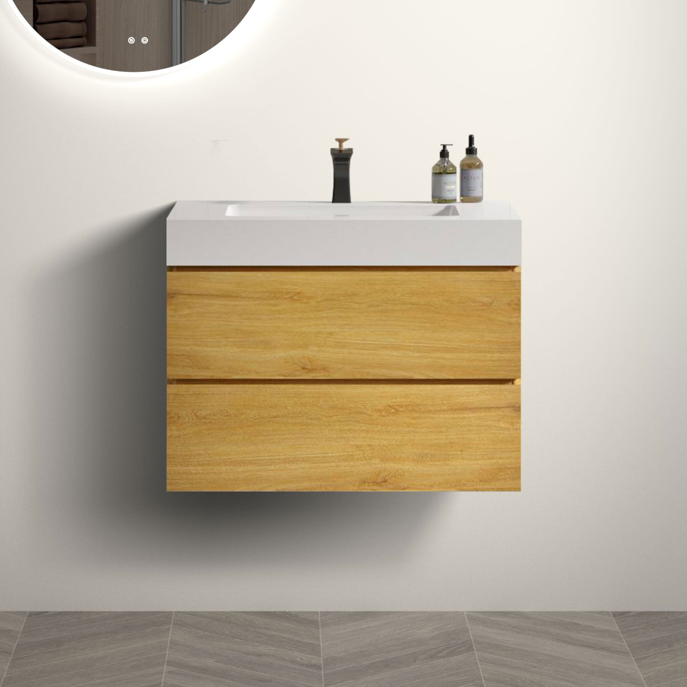 Wood Wall-Mounted Bathroom Vanity Set with White Integrated Resin Sink