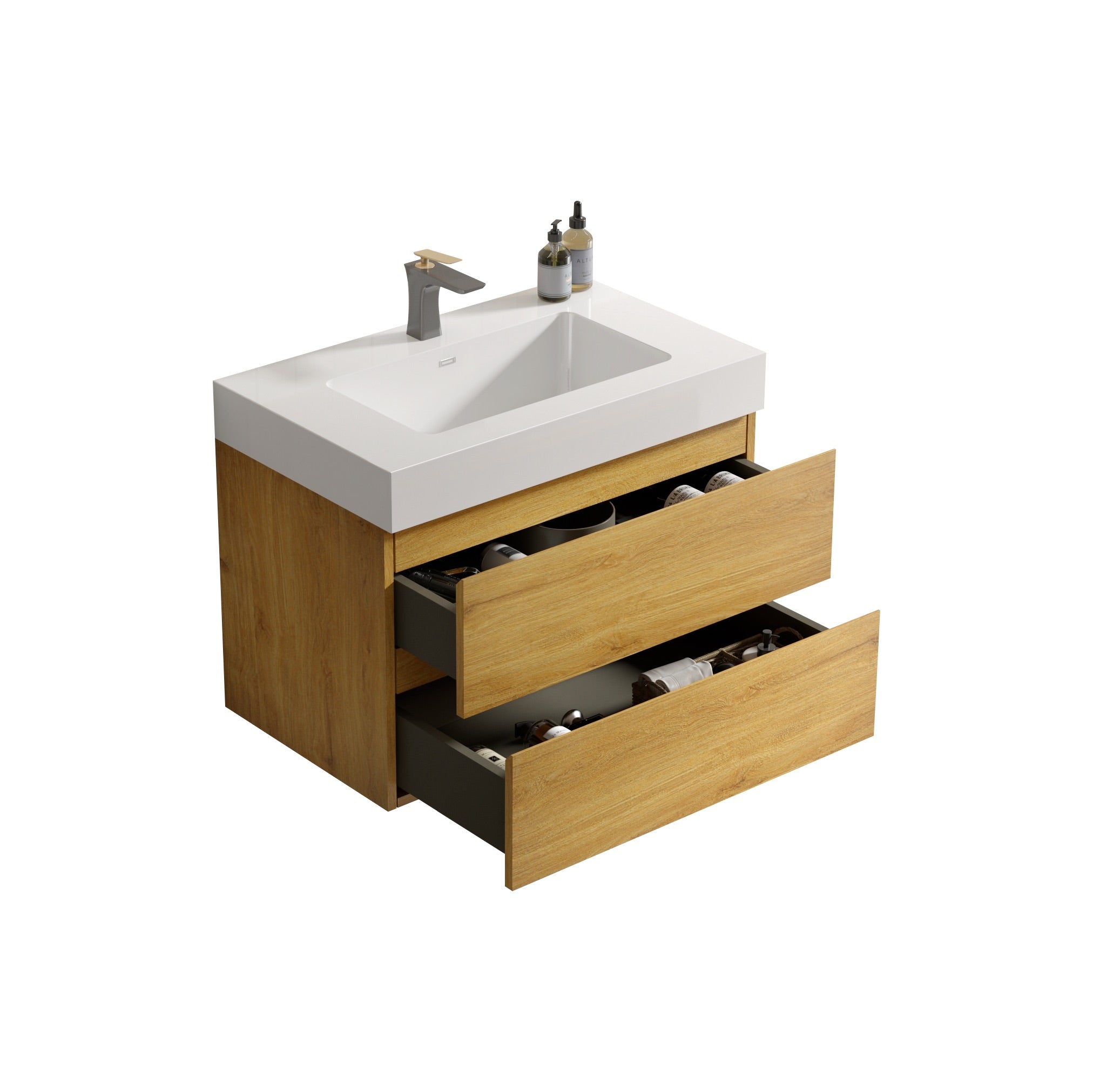 Wood Wall-Mounted Bathroom Vanity Set with White Integrated Resin Sink