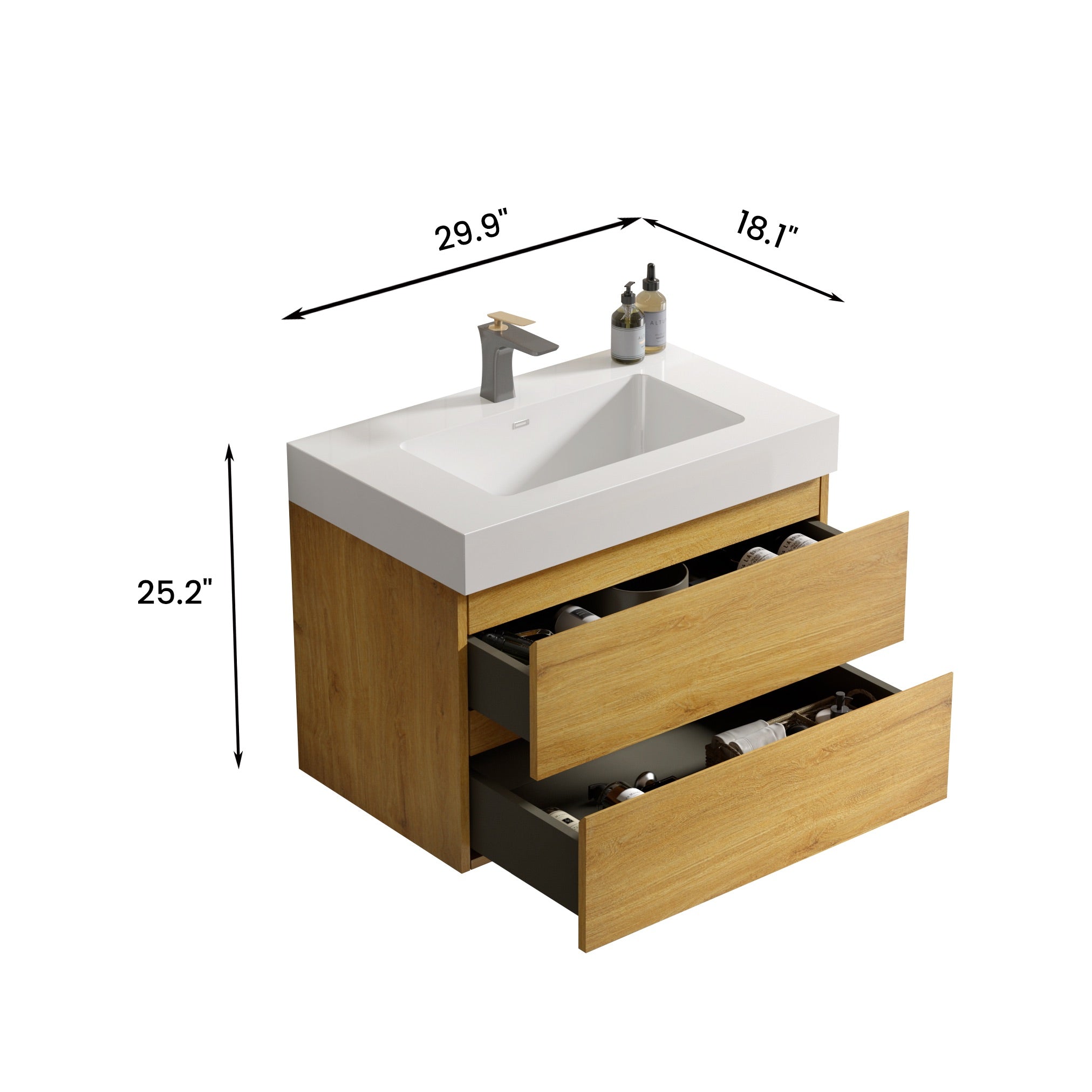 Wood Wall-Mounted Bathroom Vanity Set with White Integrated Resin Sink