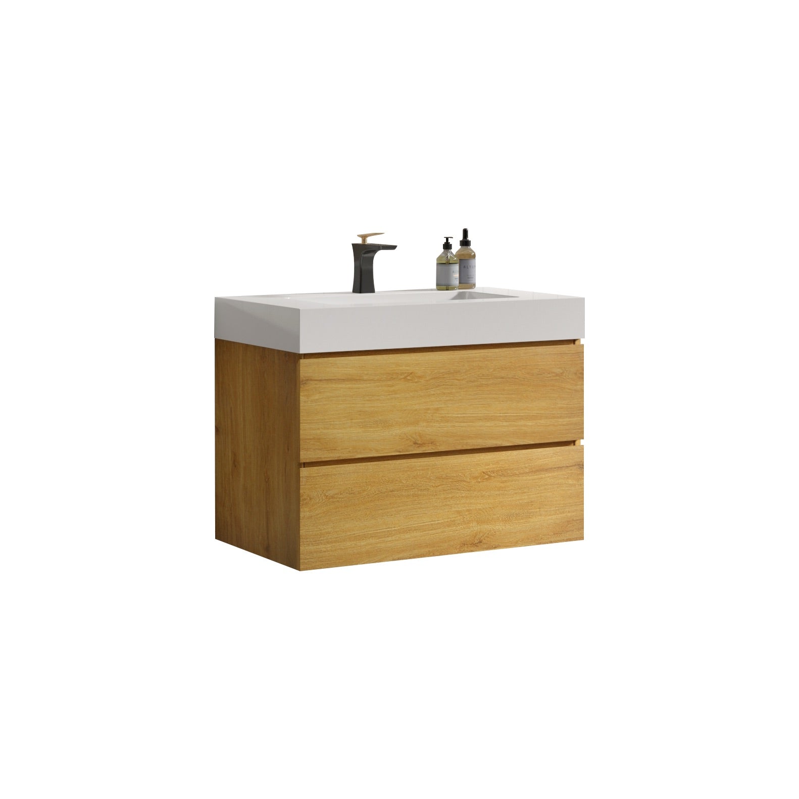 Wood Wall-Mounted Bathroom Vanity Set with White Integrated Resin Sink