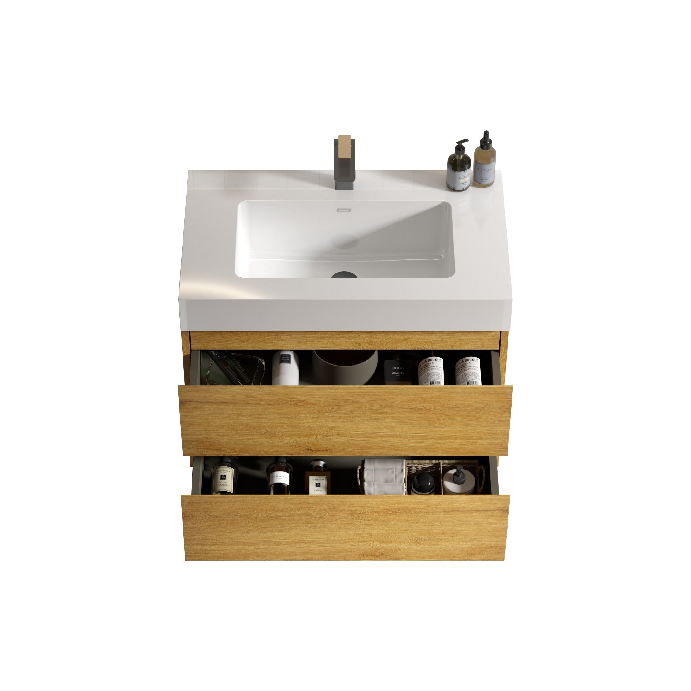 Wood Wall-Mounted Bathroom Vanity Set with White Integrated Resin Sink