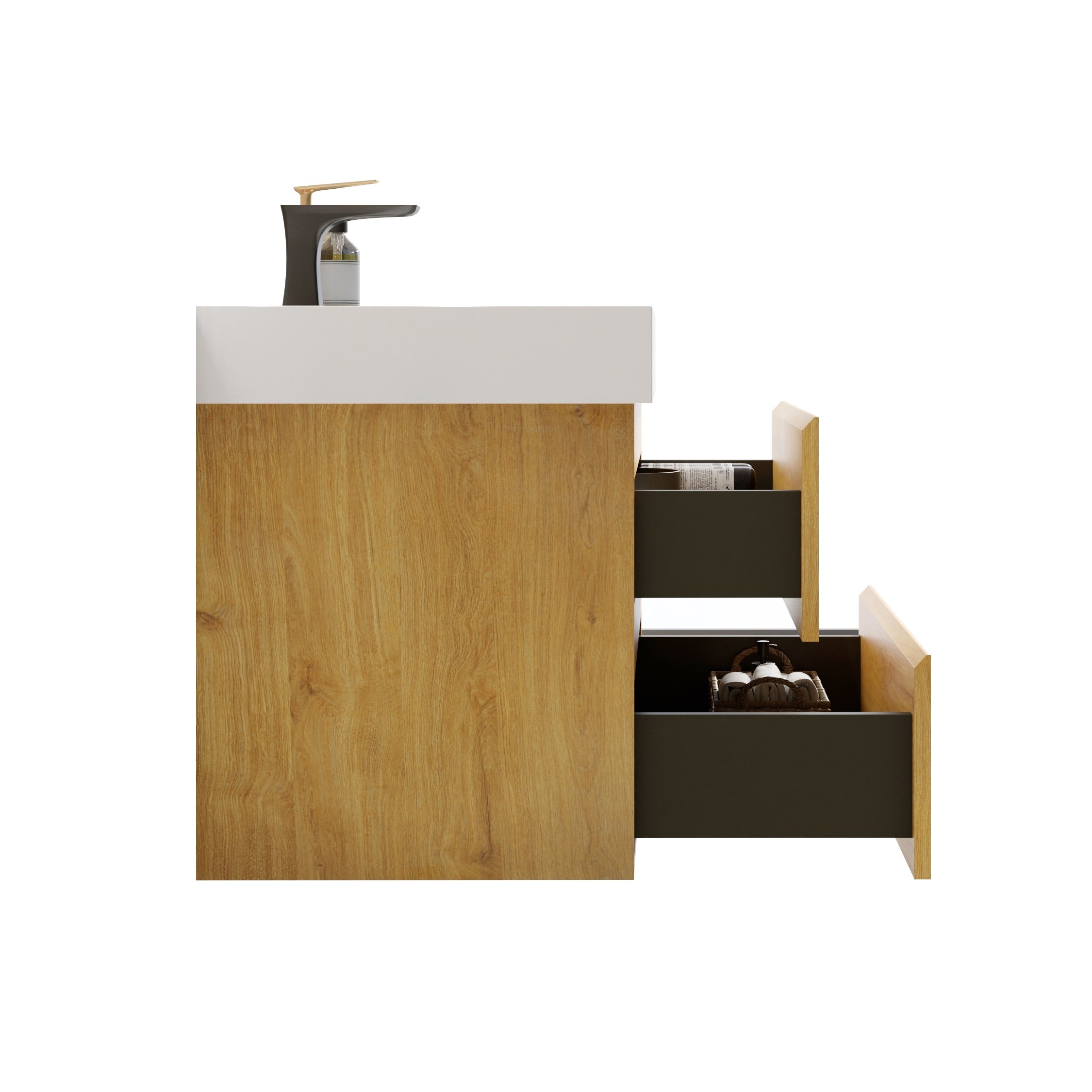 Wood Wall-Mounted Bathroom Vanity Set with White Integrated Resin Sink