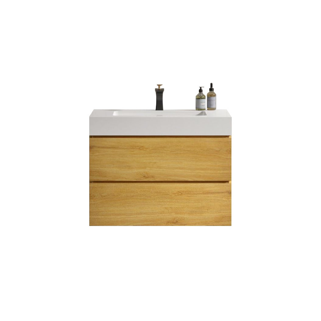 Wood Wall-Mounted Bathroom Vanity Set with White Integrated Resin Sink