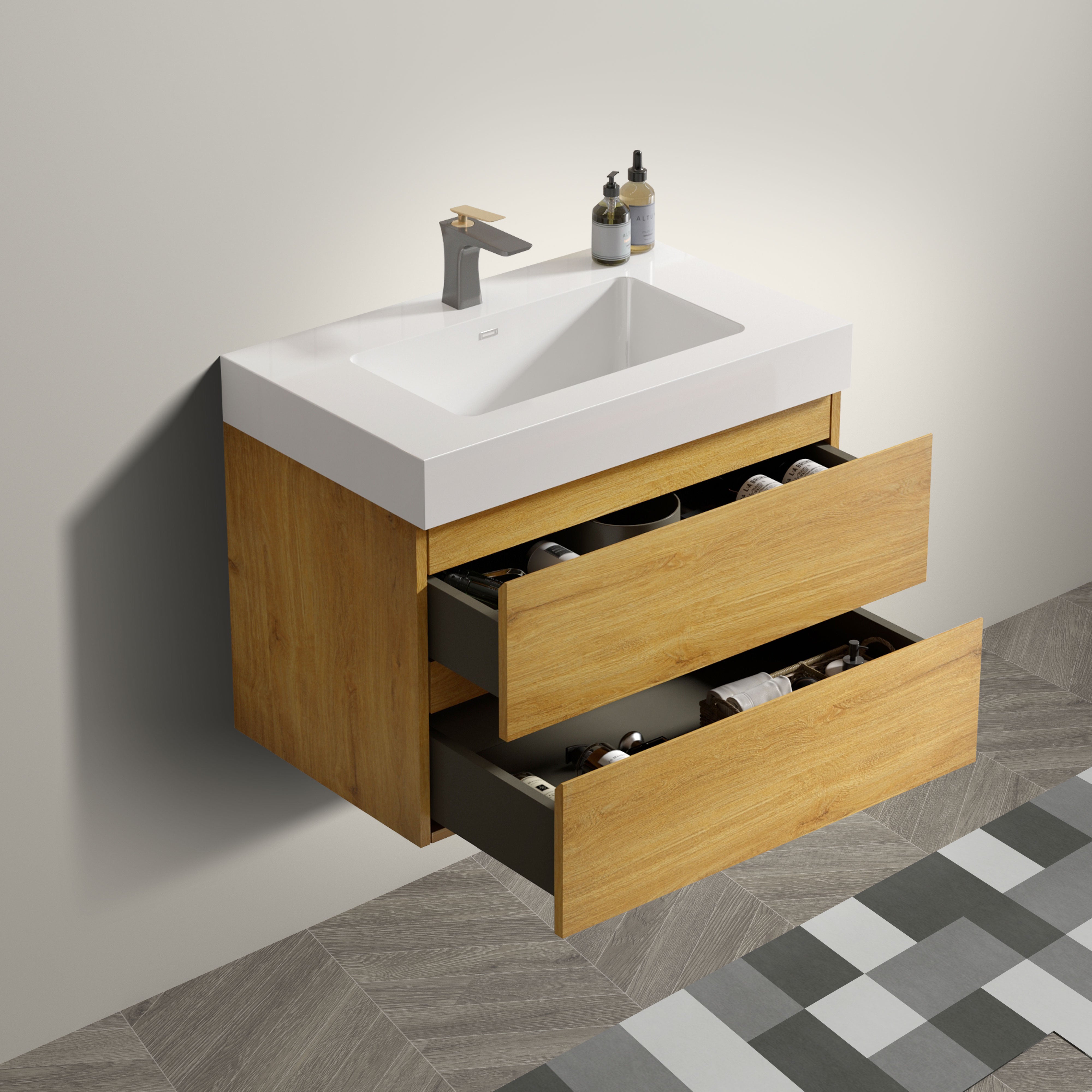 Wood Wall-Mounted Bathroom Vanity Set with White Integrated Resin Sink