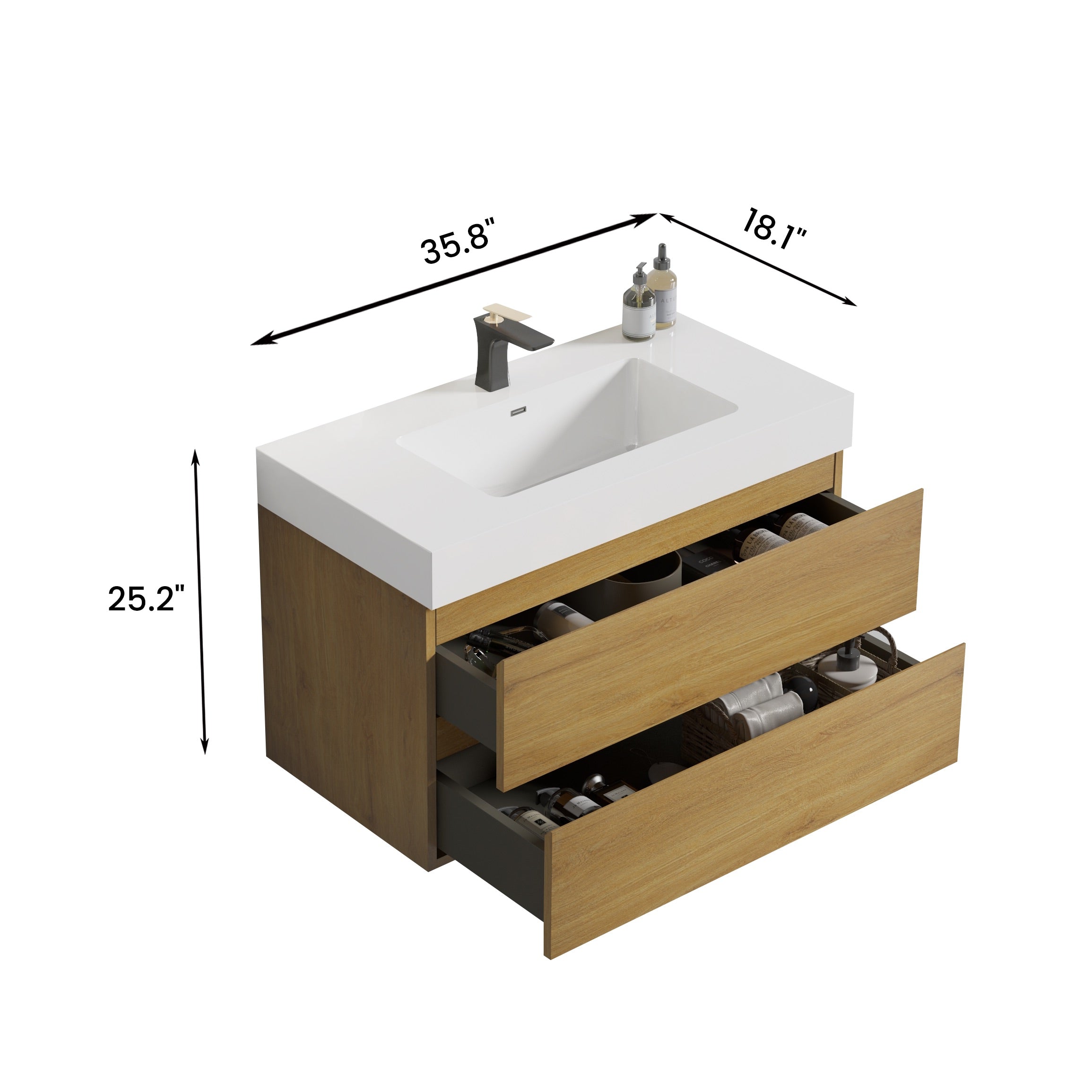 Wood Wall-Mounted Bathroom Vanity Set with White Integrated Resin Sink