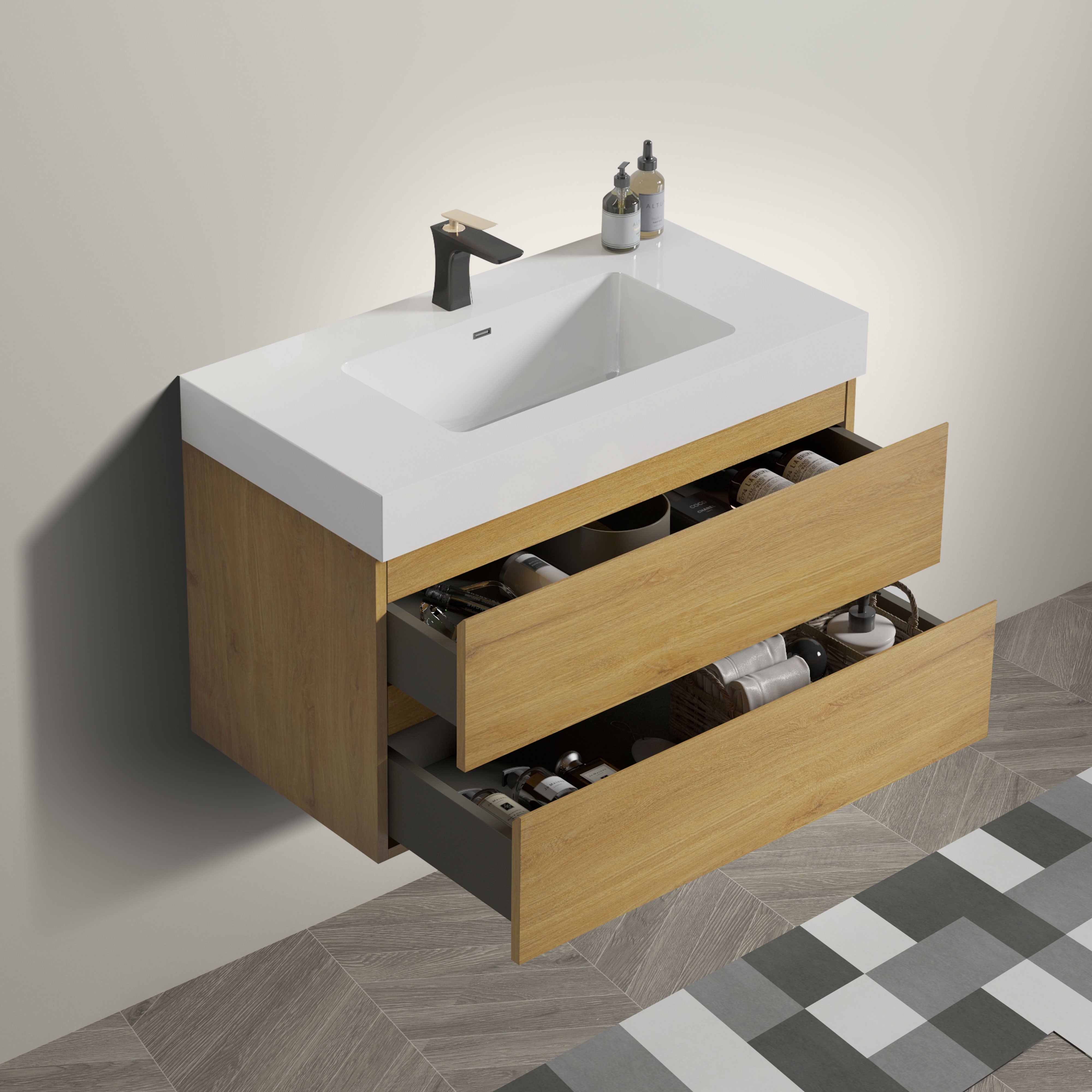 Wood Wall-Mounted Bathroom Vanity Set with White Integrated Resin Sink